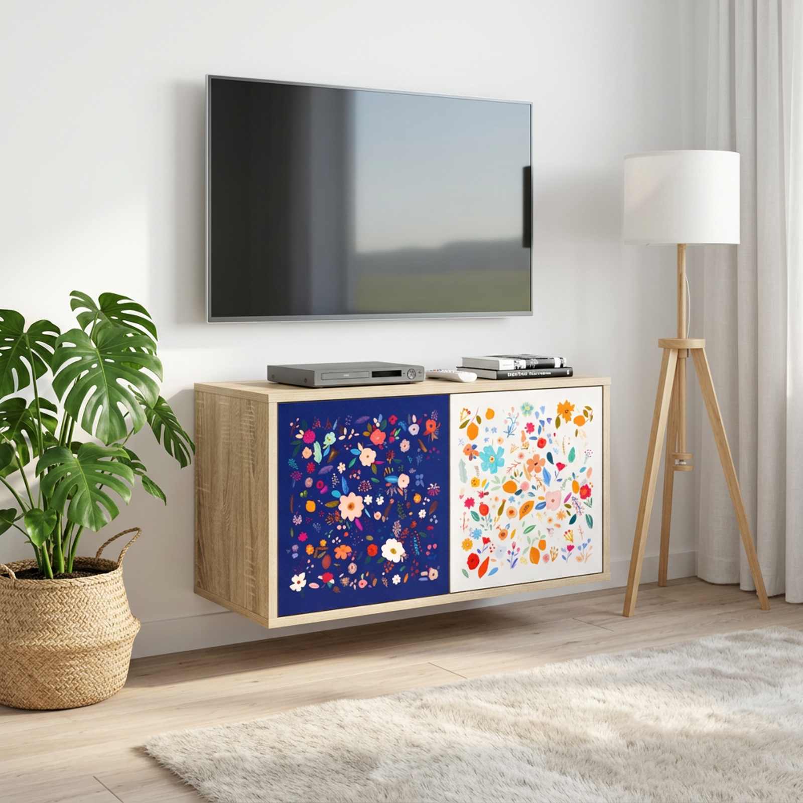 Væghængt TV-skab MAINZ med blomstermønster 69 x 33 x 40 cm - Sonoma-eg