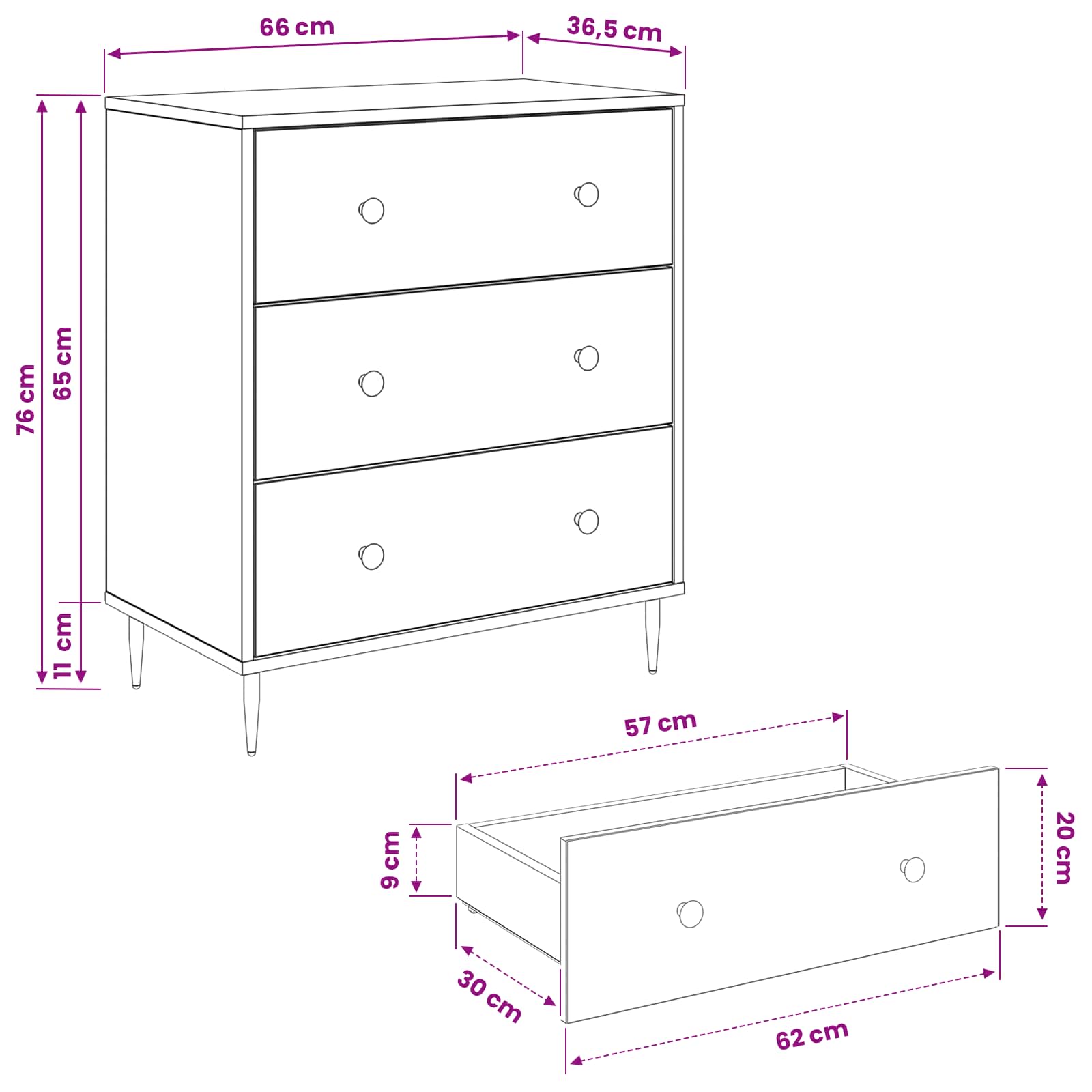 Chest of Drawers GENNEP Lily print size guide