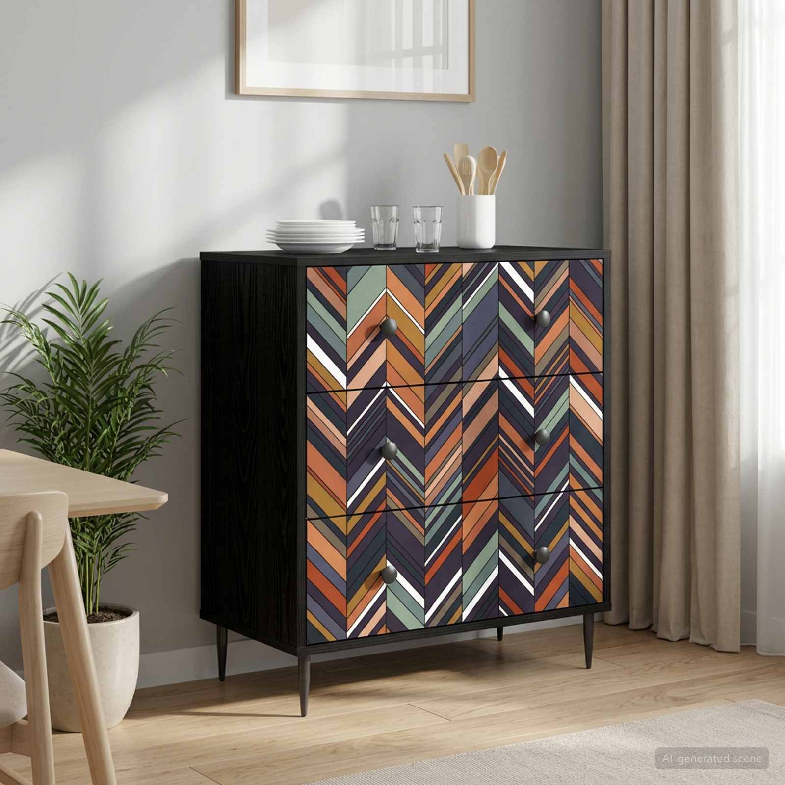 vidaXL Laukkaava OMMEN Geometrinen kuosi 66 x 36,5 x 76 cm Musta tammi