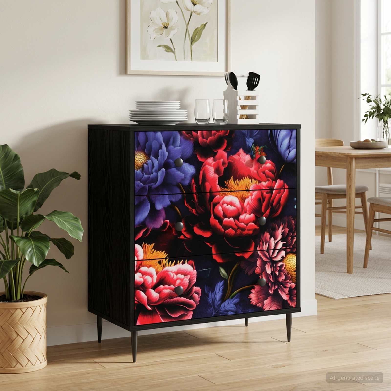 Laukkaava KIEL Tumma pionikuvio 66 x 36,5 x 76 cm Tekninen puu