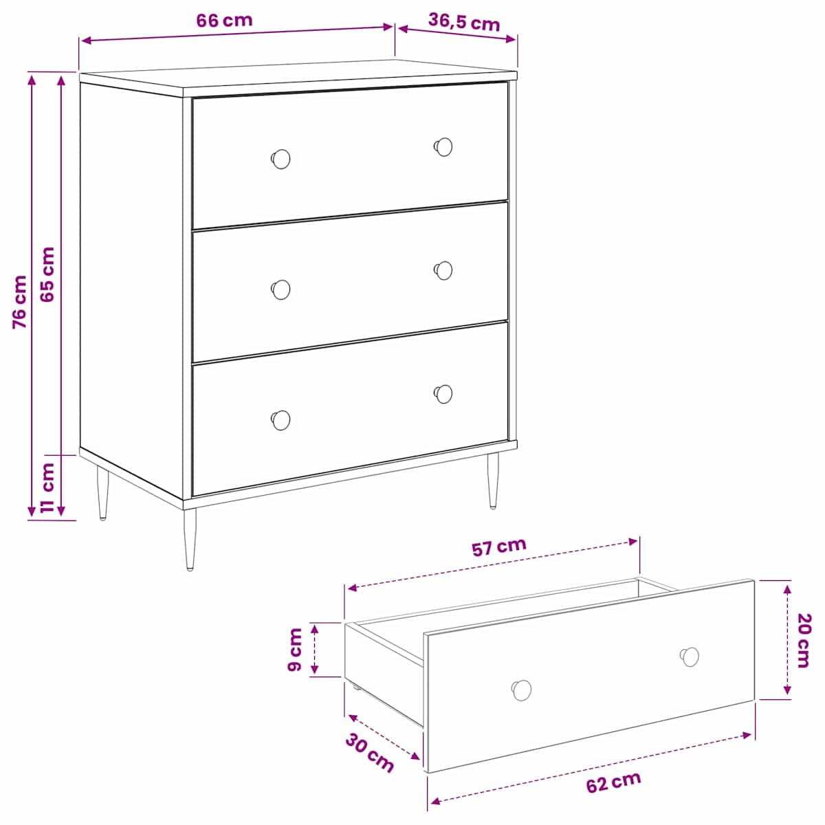 Skuffeskab GOTHA 66 x 36,5 x 76 cm Sort eg - Billede 8