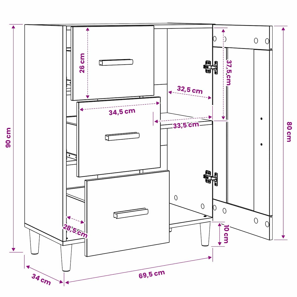 Sideboard 69,5 x 34 x 90 cm Konstrueret træ - Billede 9