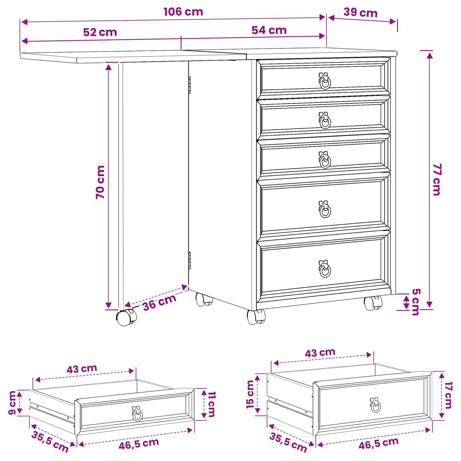Rolling Cabinet & Folding Top CORONA size guide