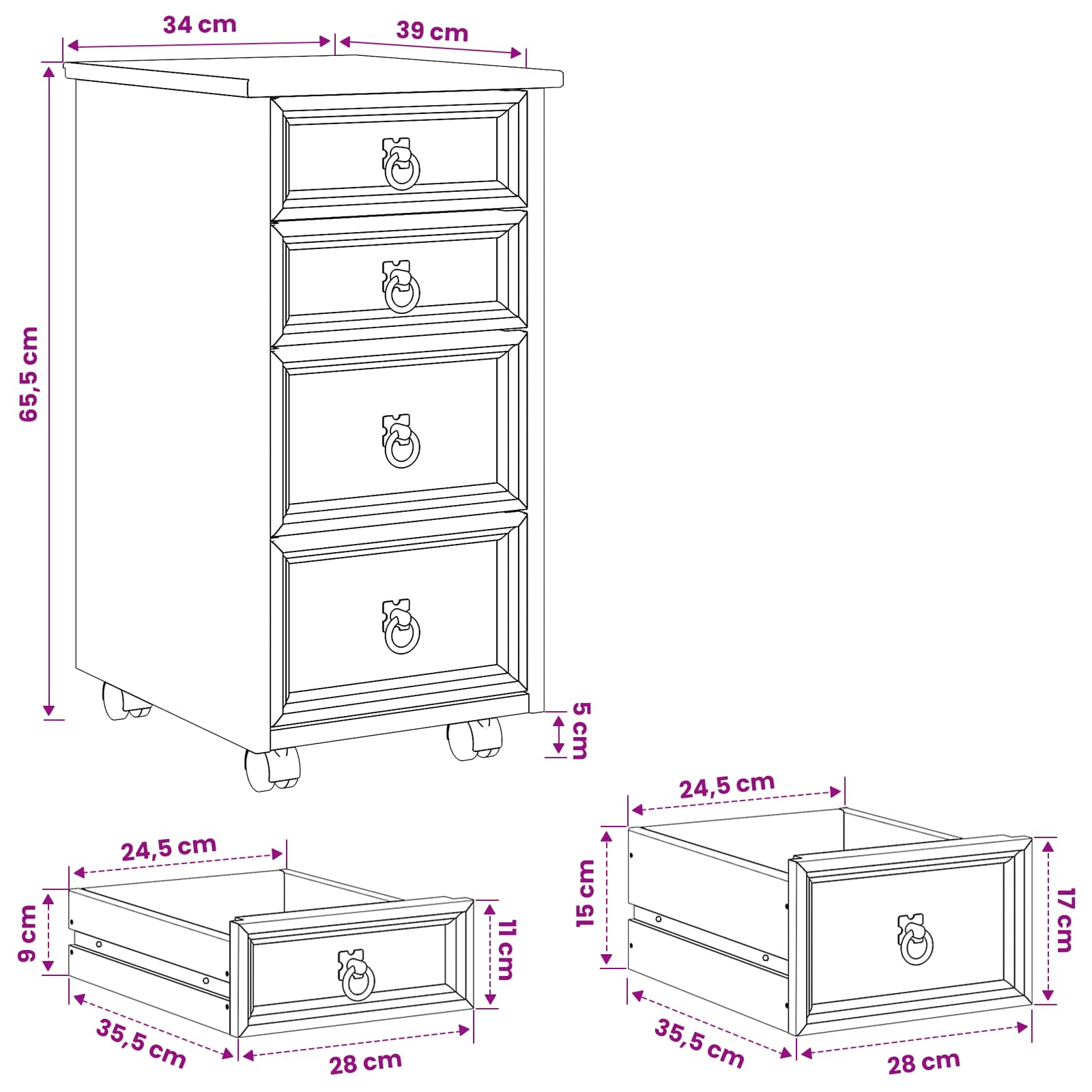 Rolkast met lades CORONA Massief grenenhout en engineered wood image 9