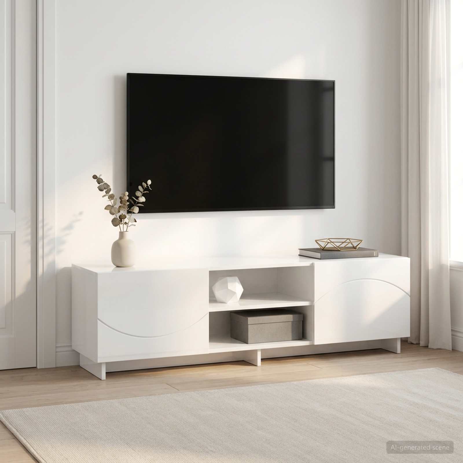 ТВ стойка 140 x 34,5 x 40 см Бял гланц Инженерна дървесина