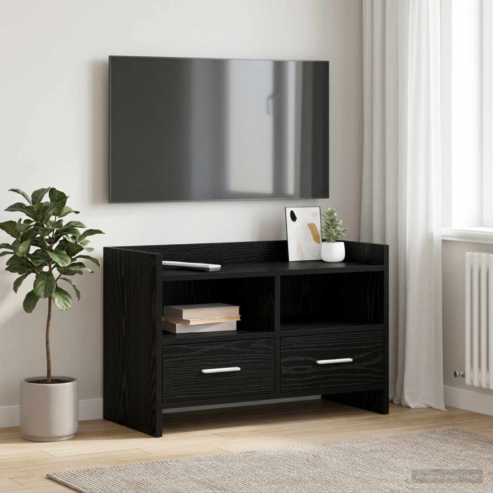 TV-bord i sort eg - 71,5 × 33 × 47 cm, konstrueret træ med 2 skuffer