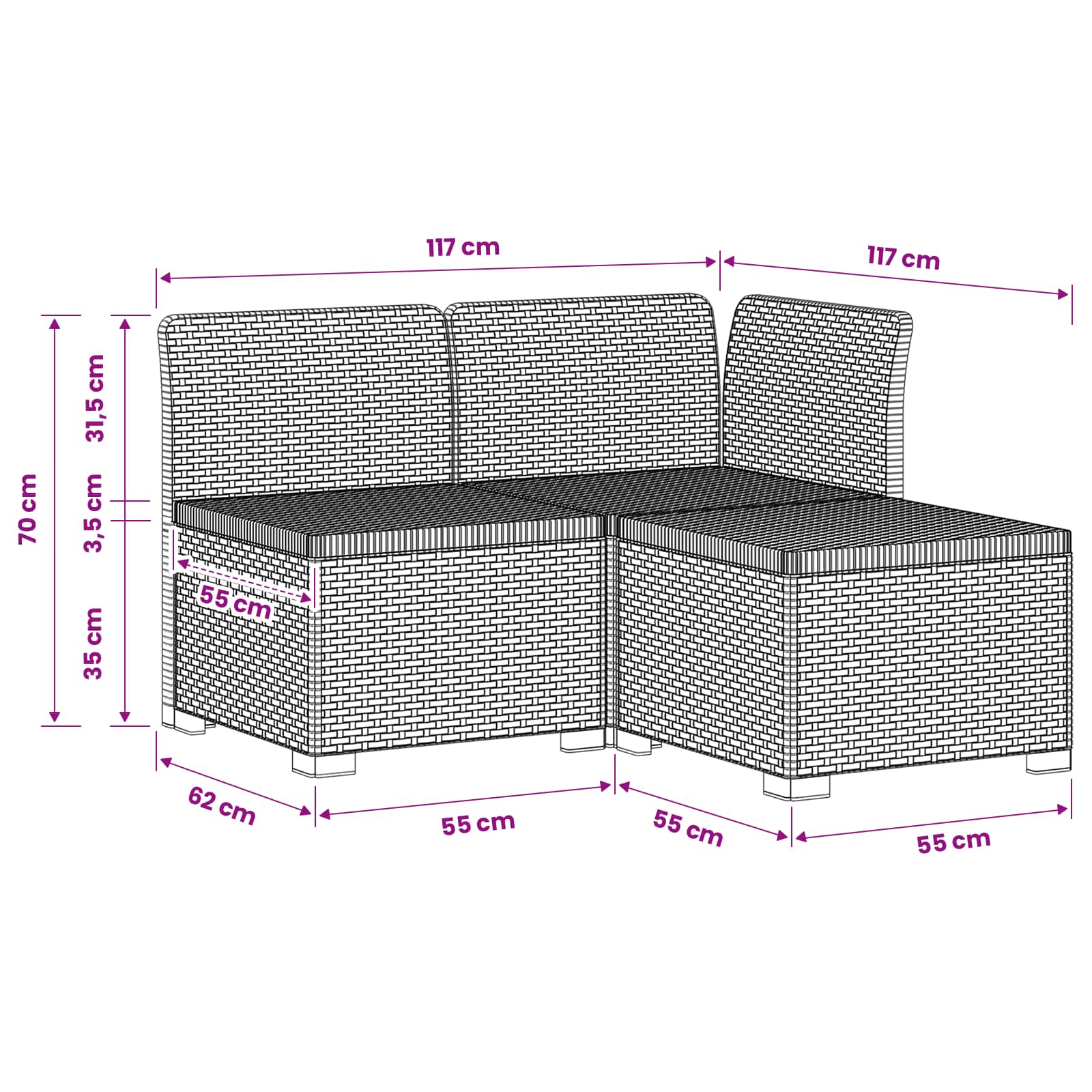 3 Seater Garden Sofa Rattan Look size guide