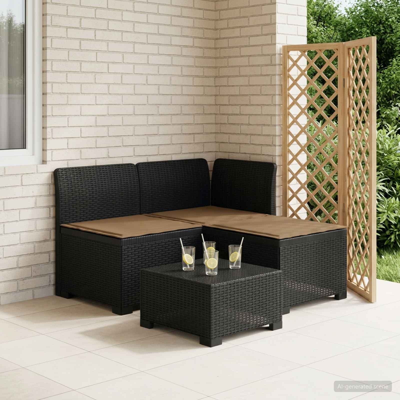 vidaXL Sofa de grădină cu 3 locuri, cu perne, aspect de rattan PP