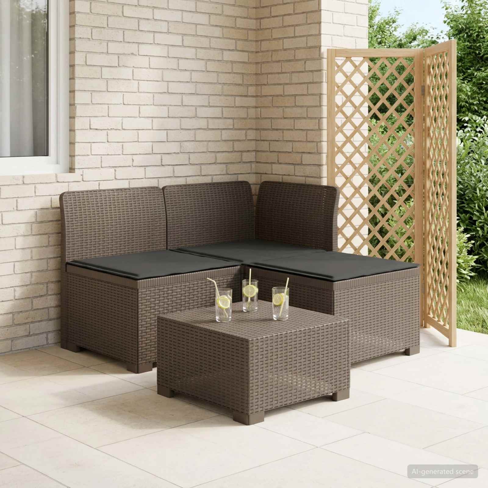 vidaXL Sofa de grădină cu 3 locuri, cu perne, aspect de rattan PP