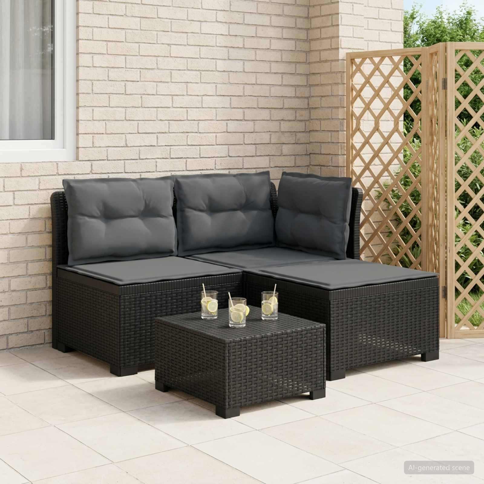 vidaXL Sofa de grădină cu 3 locuri, cu perne, aspect de rattan PP