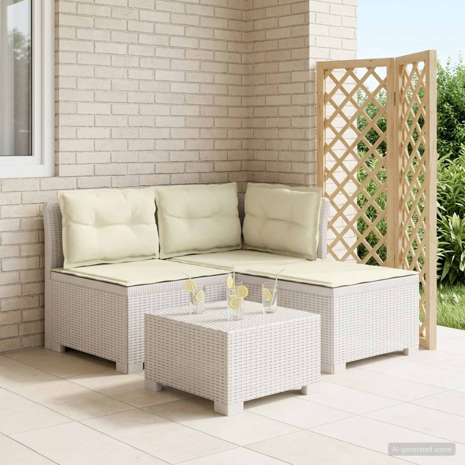 vidaXL Sofa de grădină cu 3 locuri, cu perne, aspect de rattan PP Alb