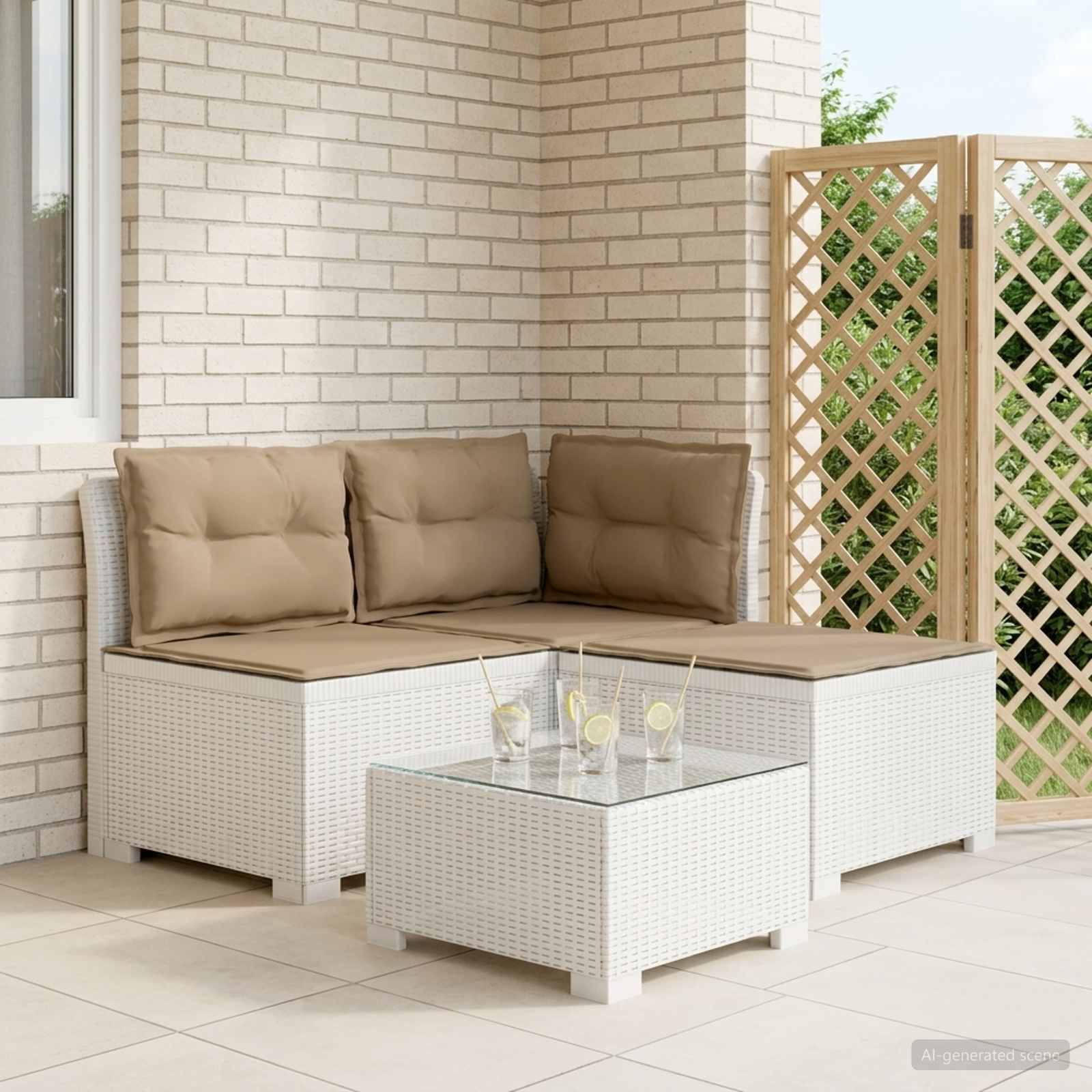 vidaXL Sofa de grădină cu 3 locuri, cu perne, aspect de rattan PP Alb
