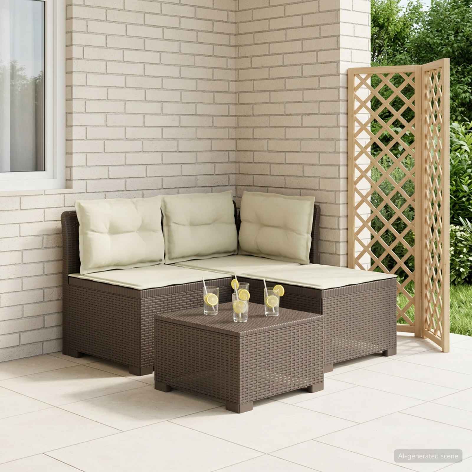 vidaXL Sofa de grădină cu 3 locuri, cu perne, aspect de rattan PP