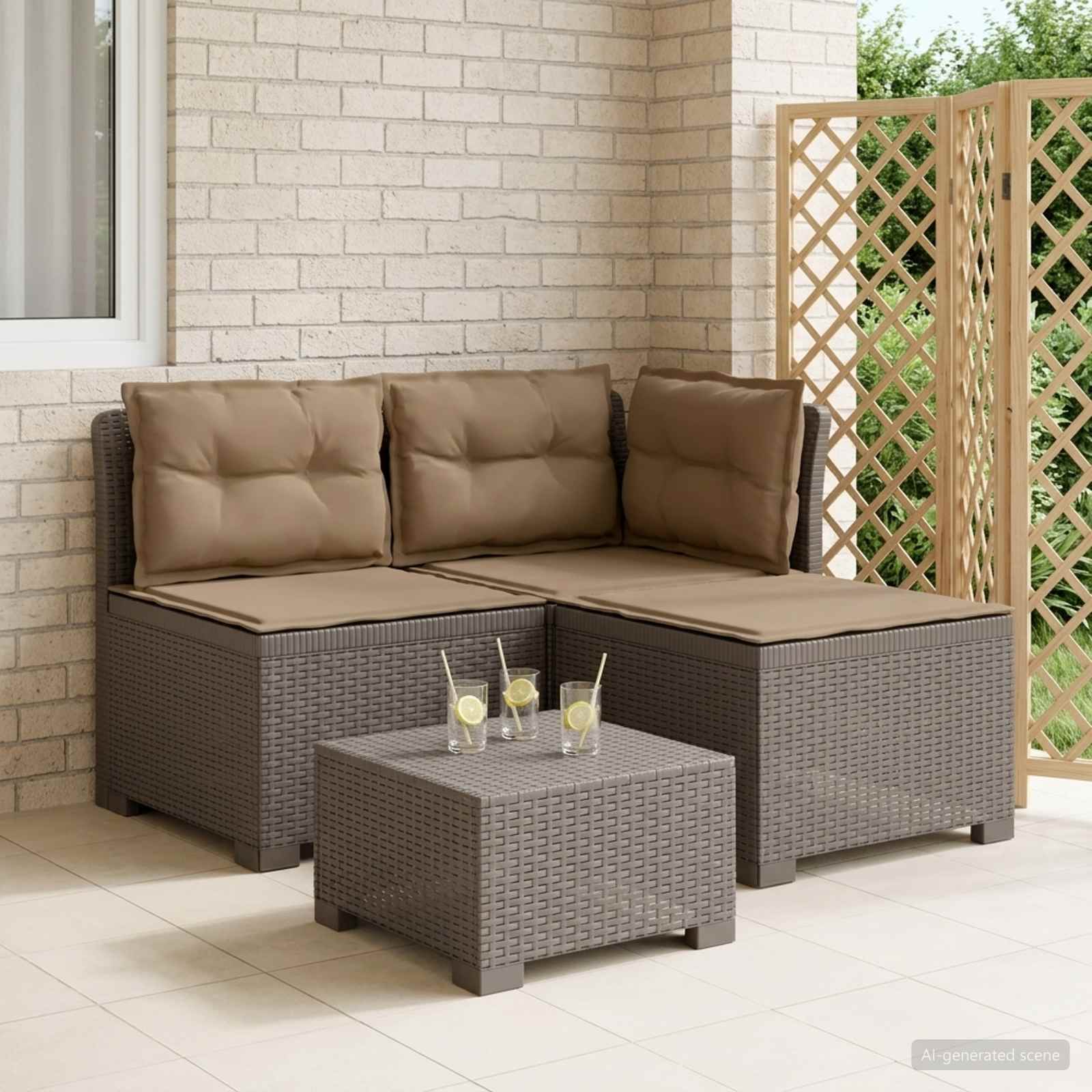 vidaXL Sofa de grădină cu 3 locuri, cu perne, aspect de rattan PP