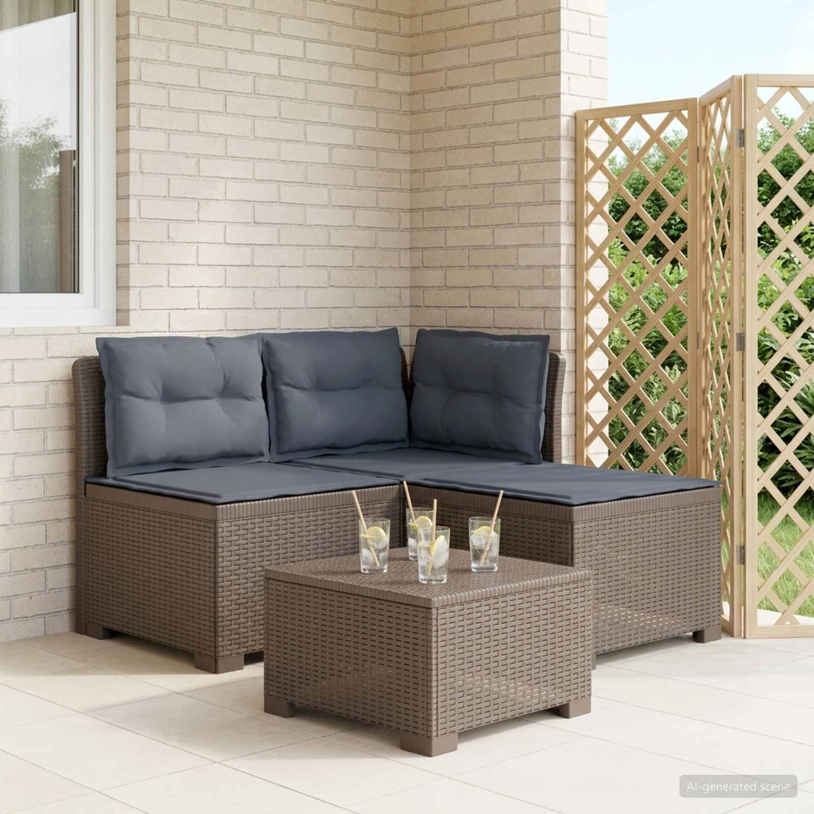 vidaXL Sofa de grădină cu 3 locuri, cu perne, aspect de rattan PP