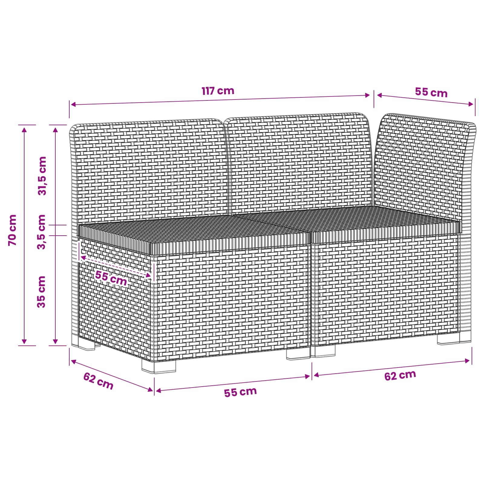 2 Seater Garden Sofa Rattan Look size guide
