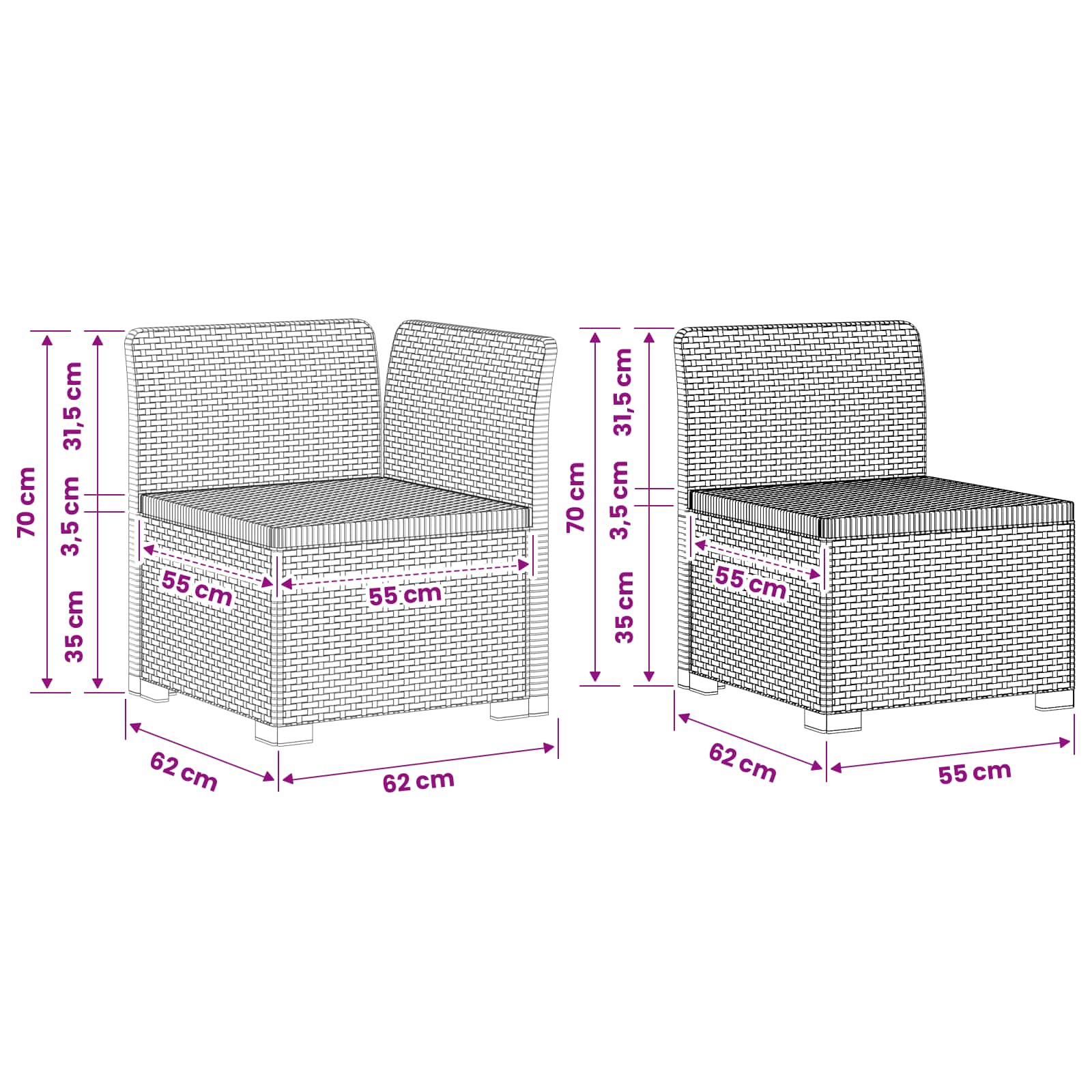 2 Seater Garden Sofa Rattan Look size guide