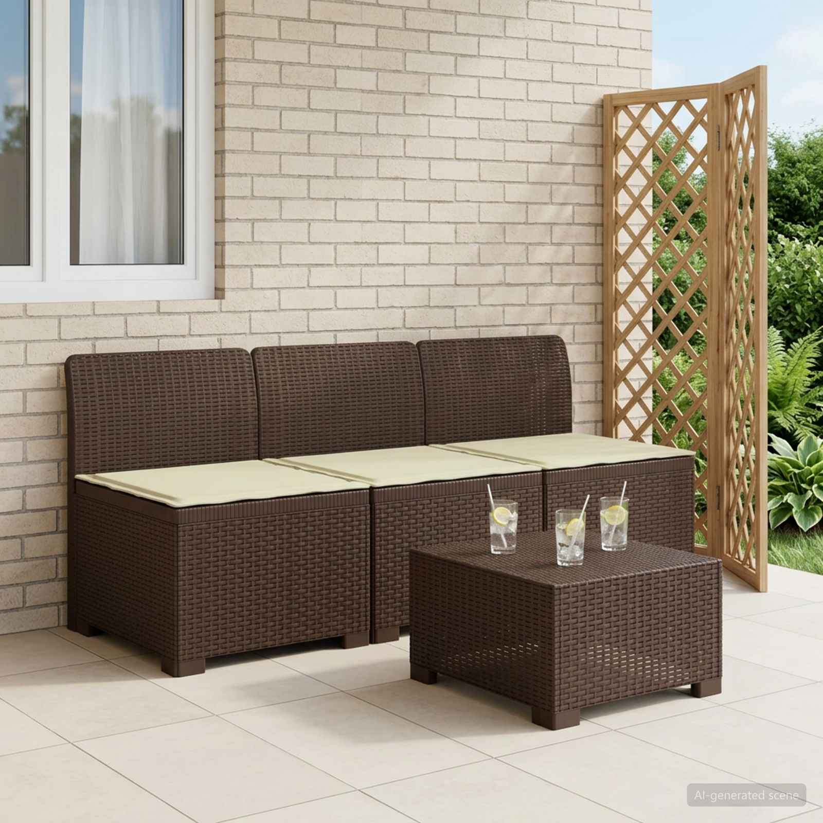 vidaXL Sofa de grădină cu 3 locuri, cu perne, aspect de rattan PP Maro