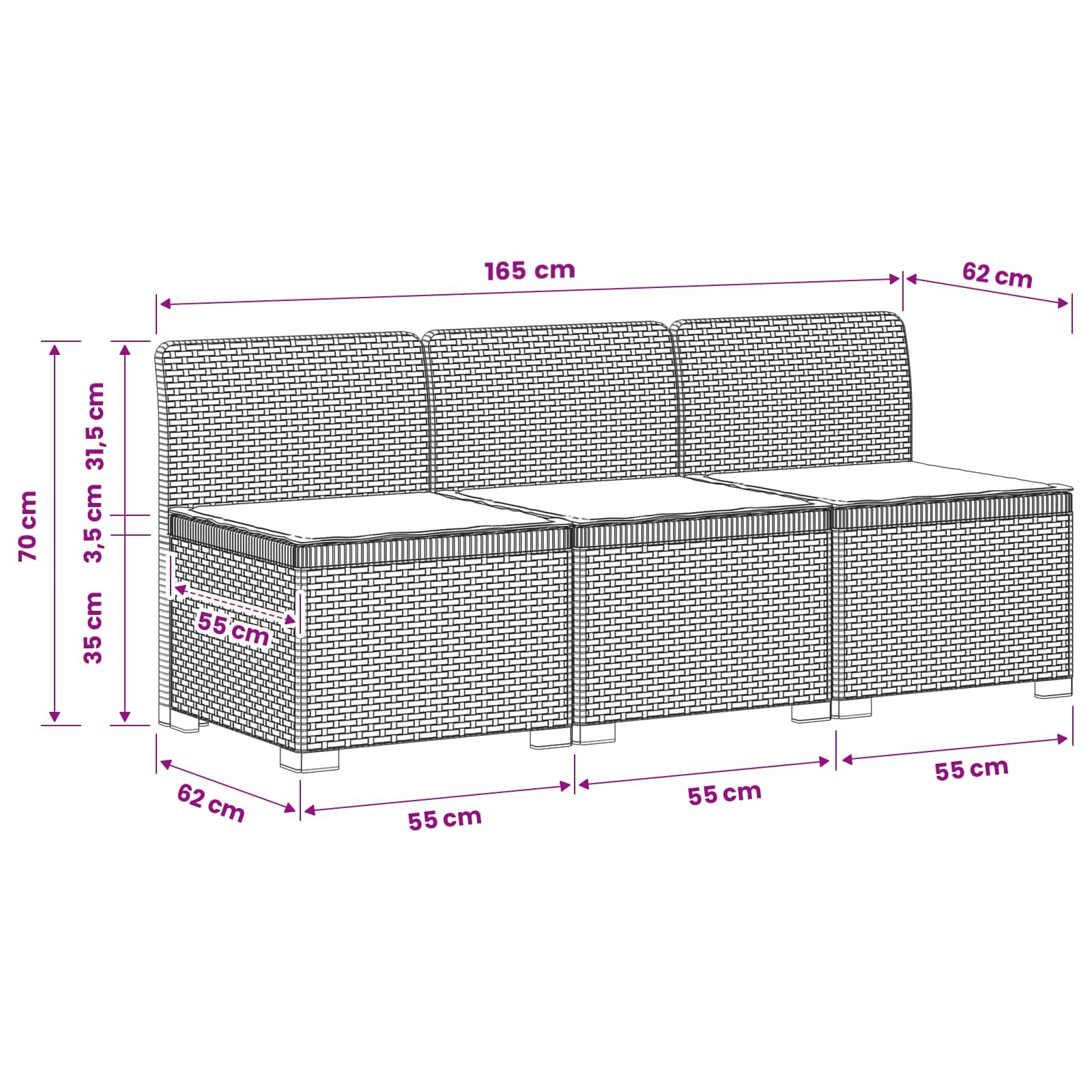 vidaXL 3-Sitzer Garten Sofa mit Kissen Rattan-Look PP Braun – Bild 9