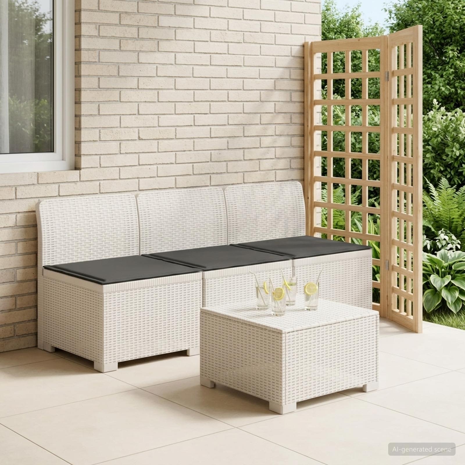 vidaXL Sofa de grădină cu 3 locuri, cu perne, aspect de rattan PP Alb