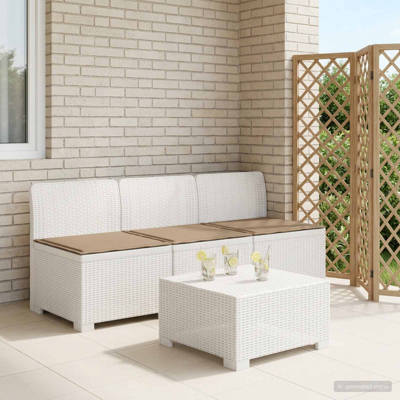 vidaXL Sofa de grădină cu 3 locuri, cu perne, aspect de rattan PP Alb