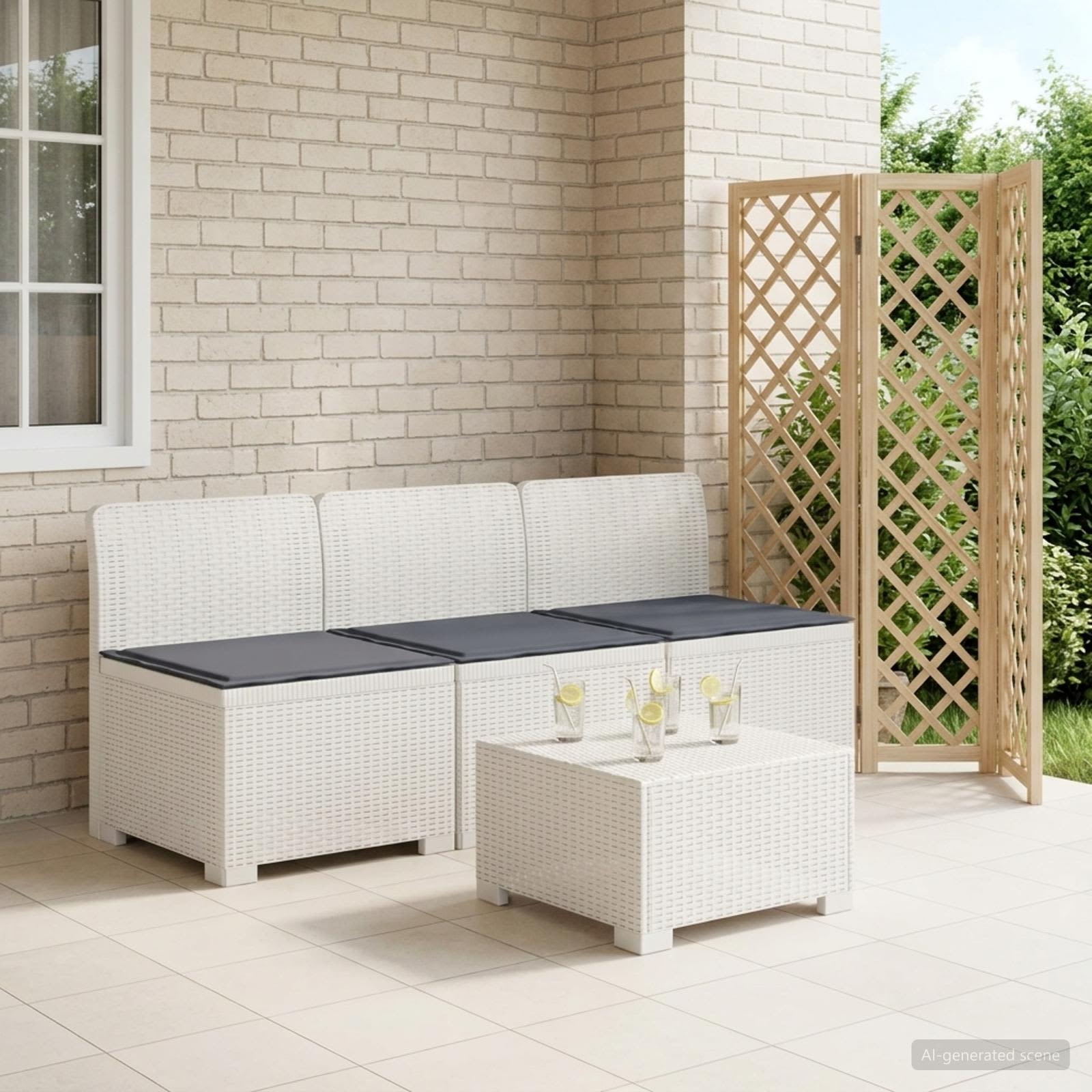 vidaXL Sofa de grădină cu 3 locuri, cu perne, aspect de rattan PP Alb