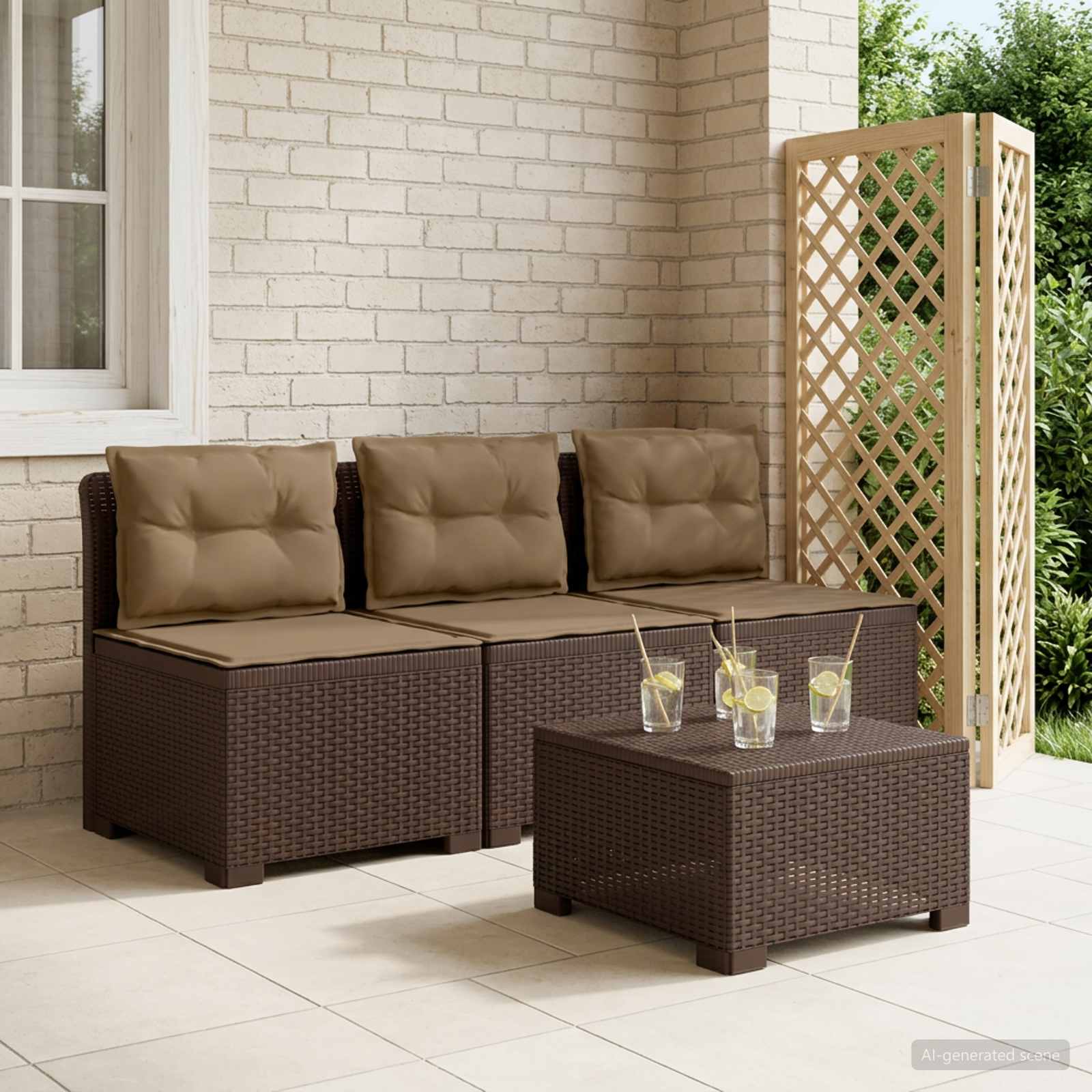 vidaXL Sofa de grădină cu 3 locuri, cu perne, aspect de rattan PP Maro