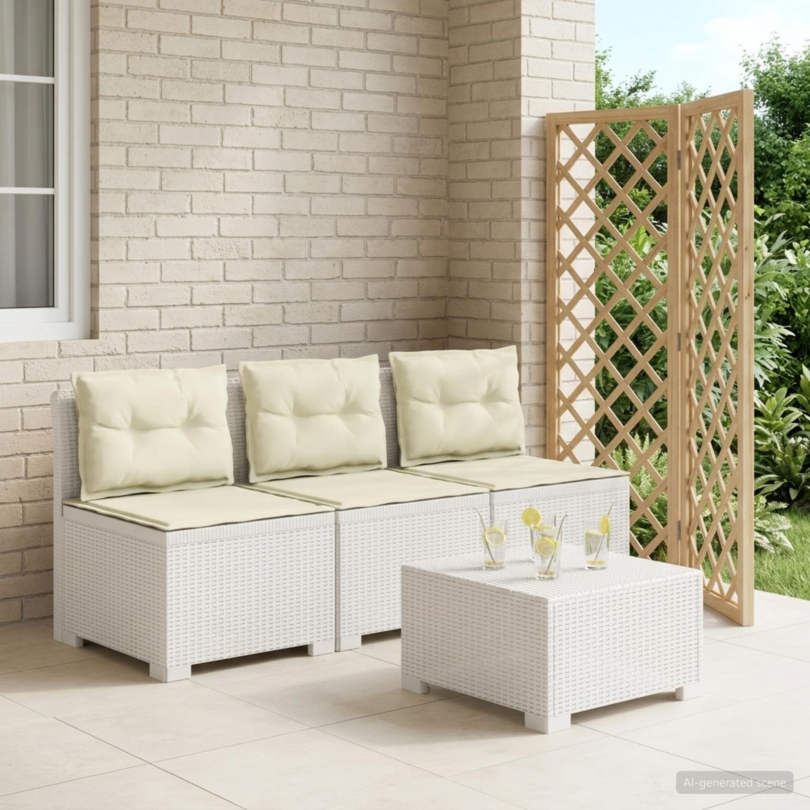 vidaXL Sofa de grădină cu 3 locuri, cu perne, aspect de rattan PP Alb