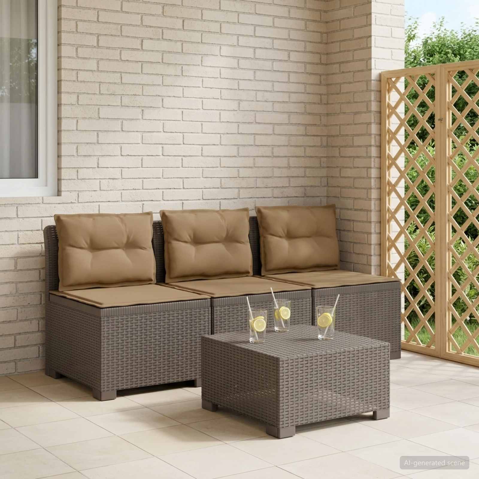 vidaXL Sofa de grădină cu 3 locuri, cu perne, aspect de rattan PP
