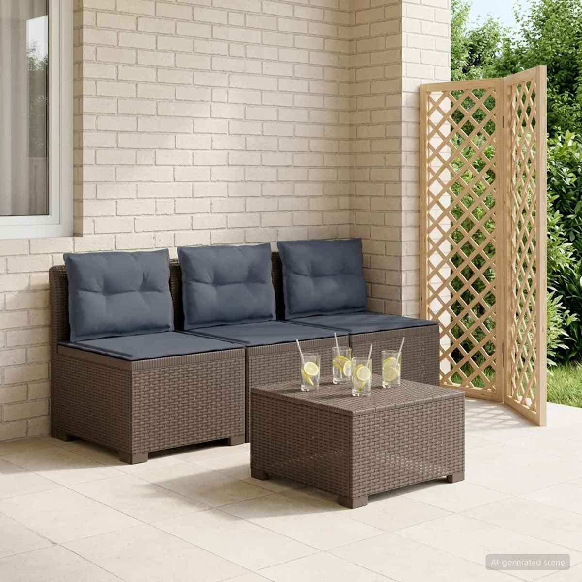 3-personers havensofa med puder i rattanlook 3-personers PP