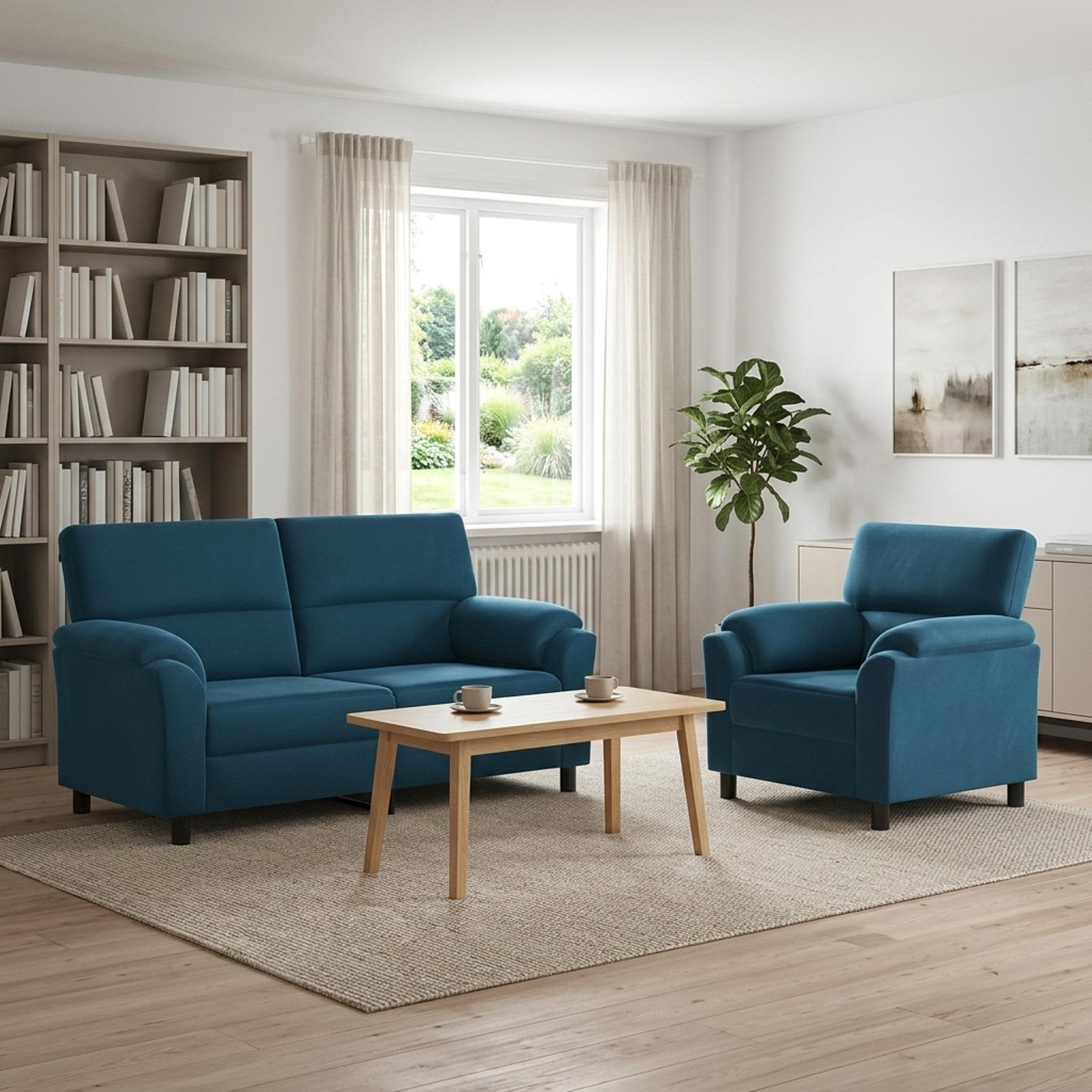 Sofasæt i blå fløjl - 2- og 1-sæders