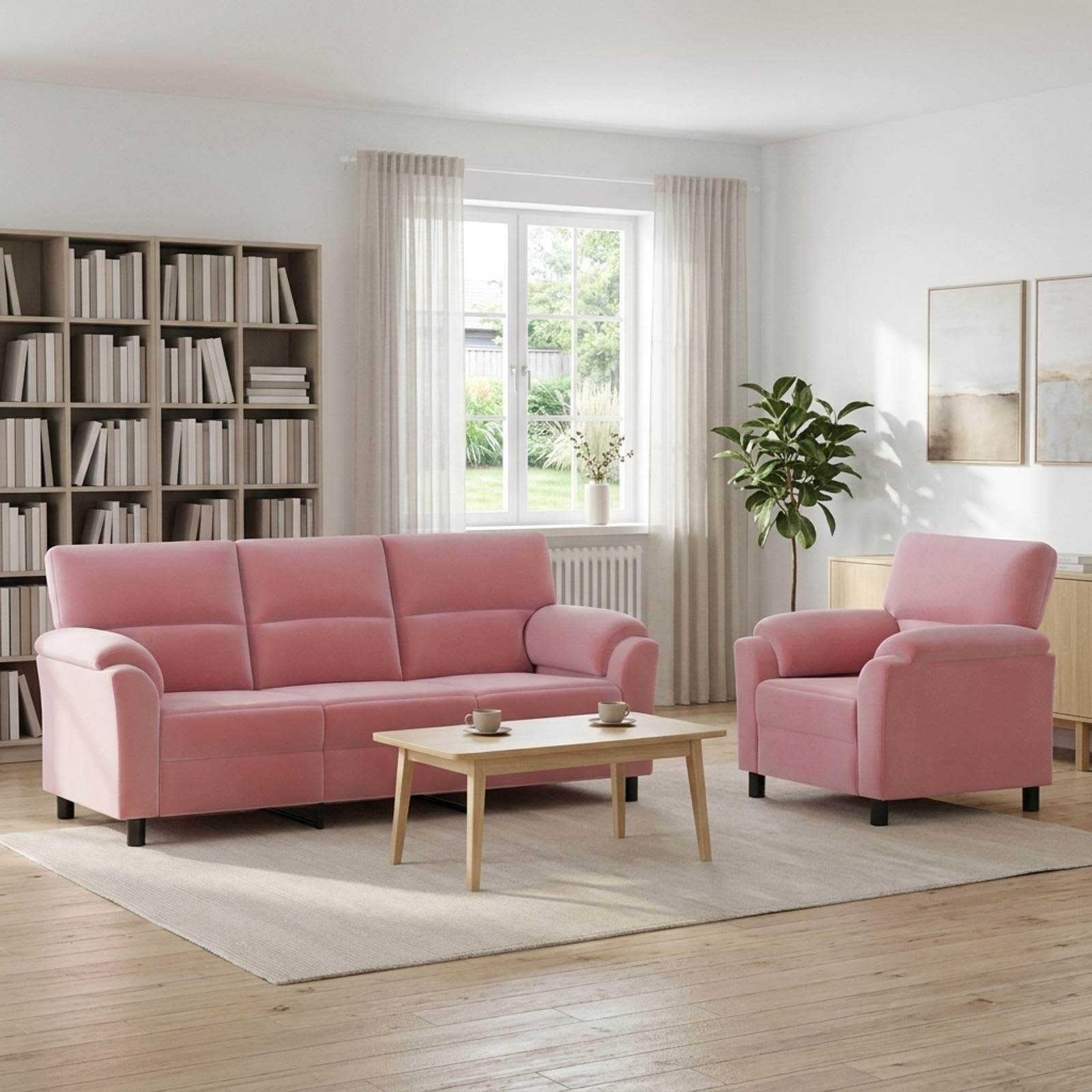Sofasæt i fløjl med 1- og 3-personers sofa - lyserød