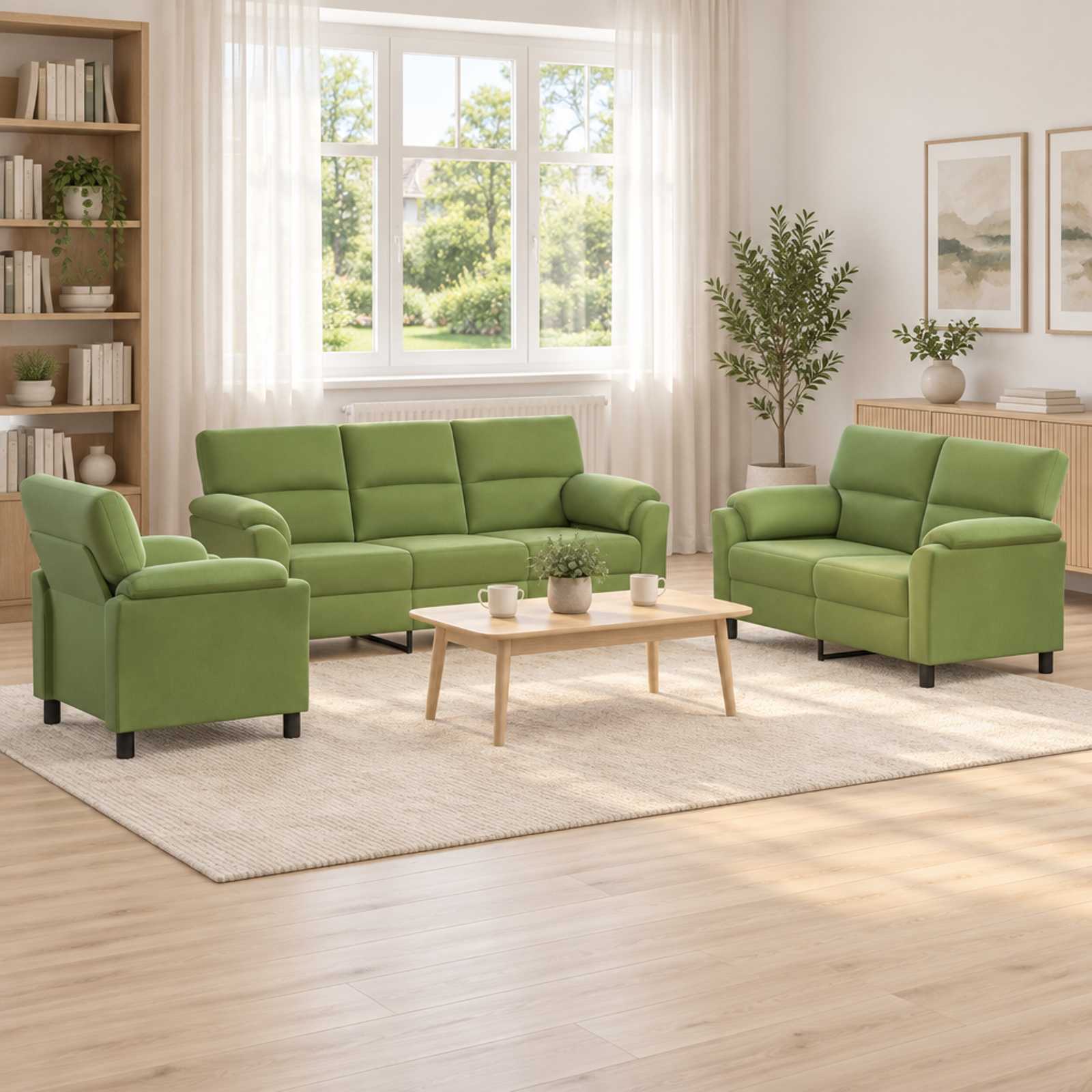 Kavčna garnitura 3 pcs Svetlo zelena Žamet
