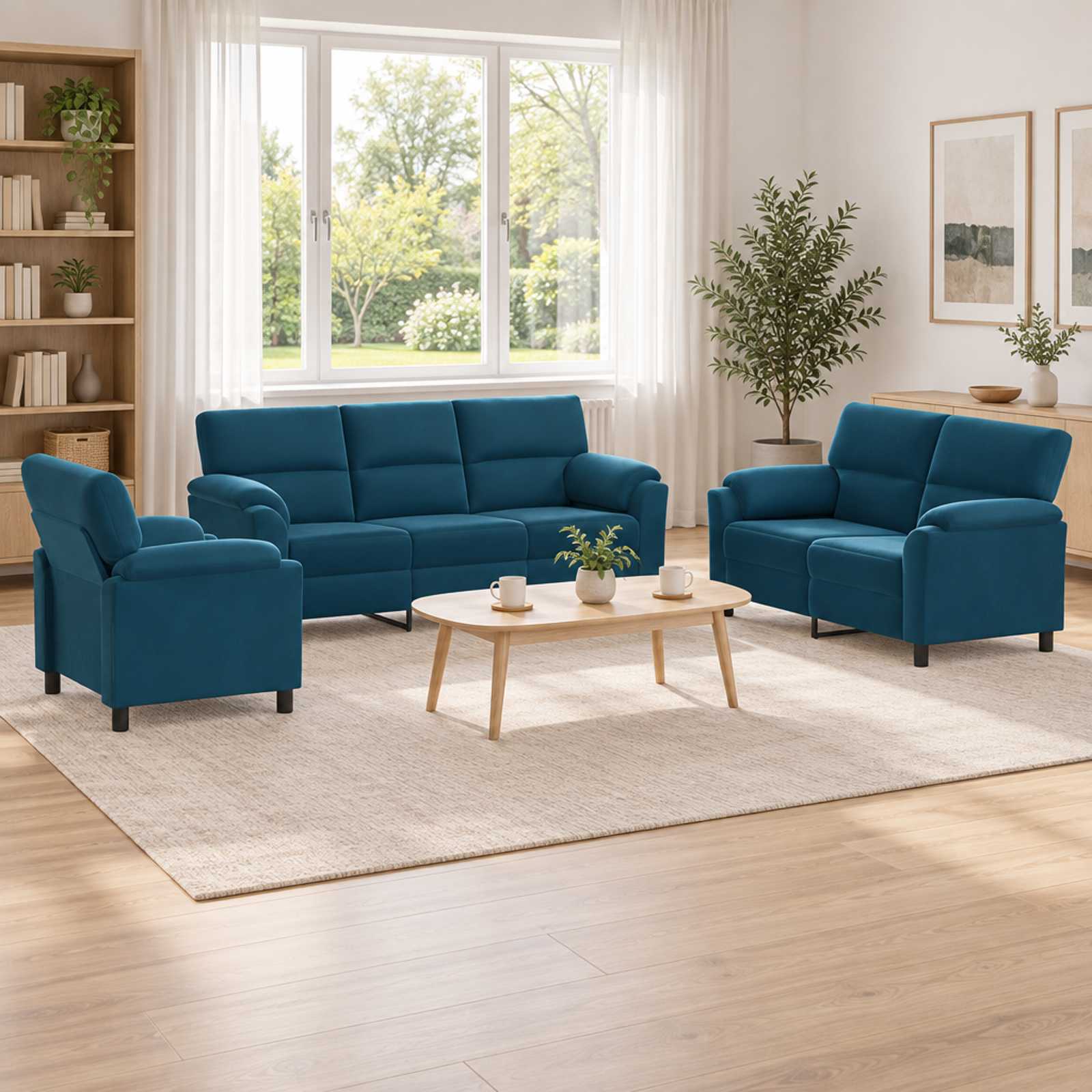 Sofasæt i blå fløjl - 1-, 2- og 3-personers