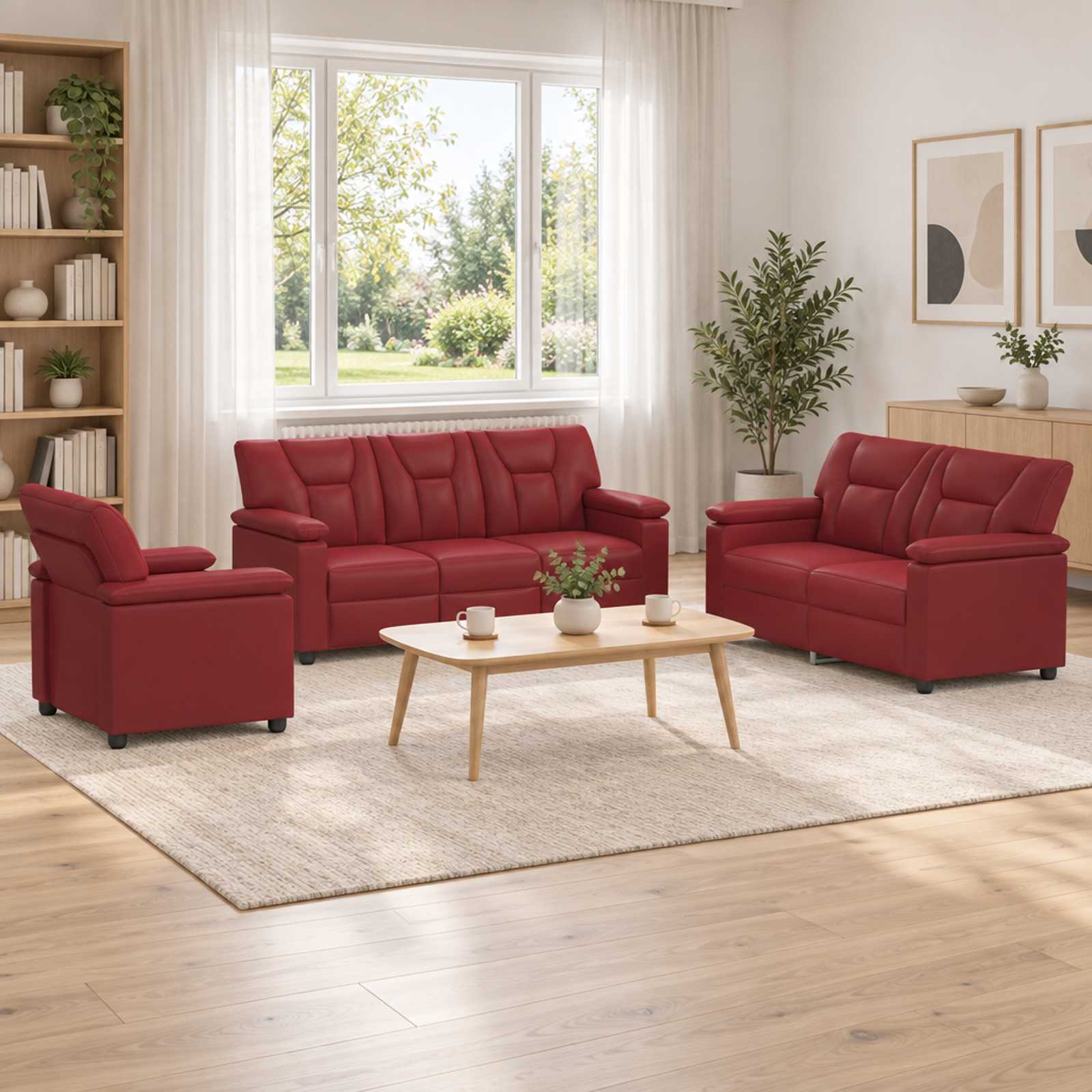 Kavčna garnitura 3 pcs Vinorodna rdeča Umetno usnje