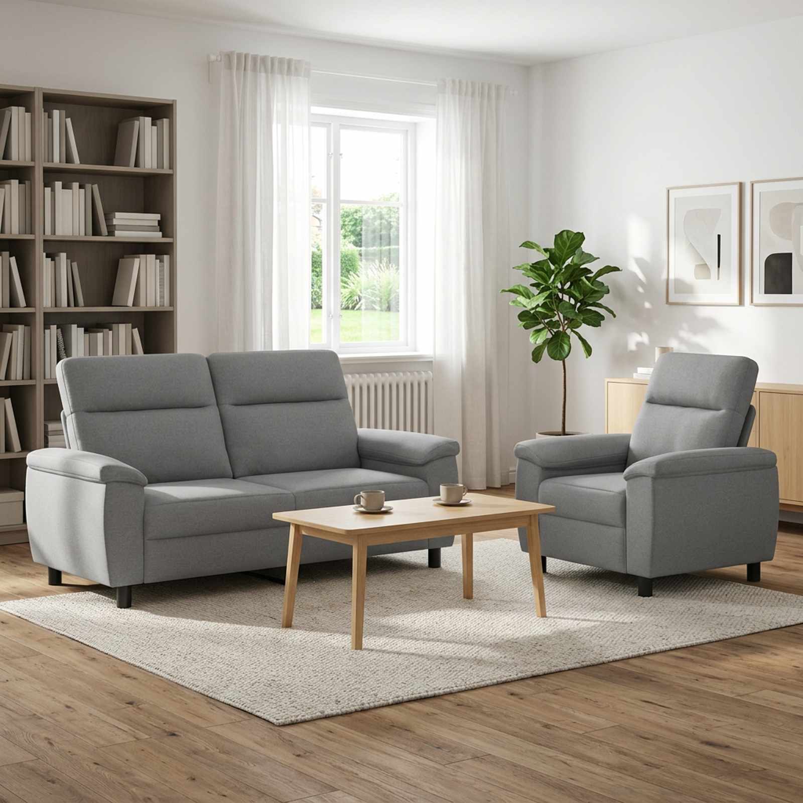 Sofasæt 2 dele lysegrå stof - 2- og 1-personers