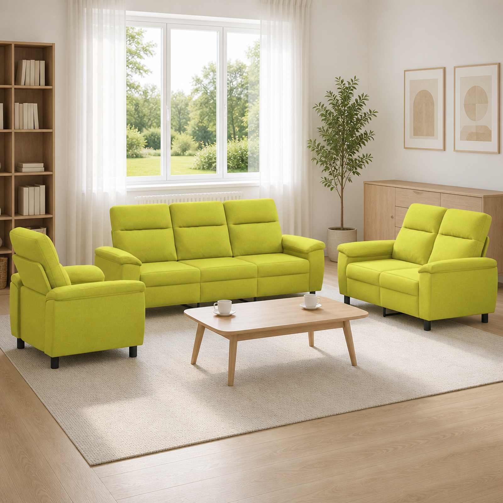 Kavčna garnitura 3 pcs Svetlo zelena Blago