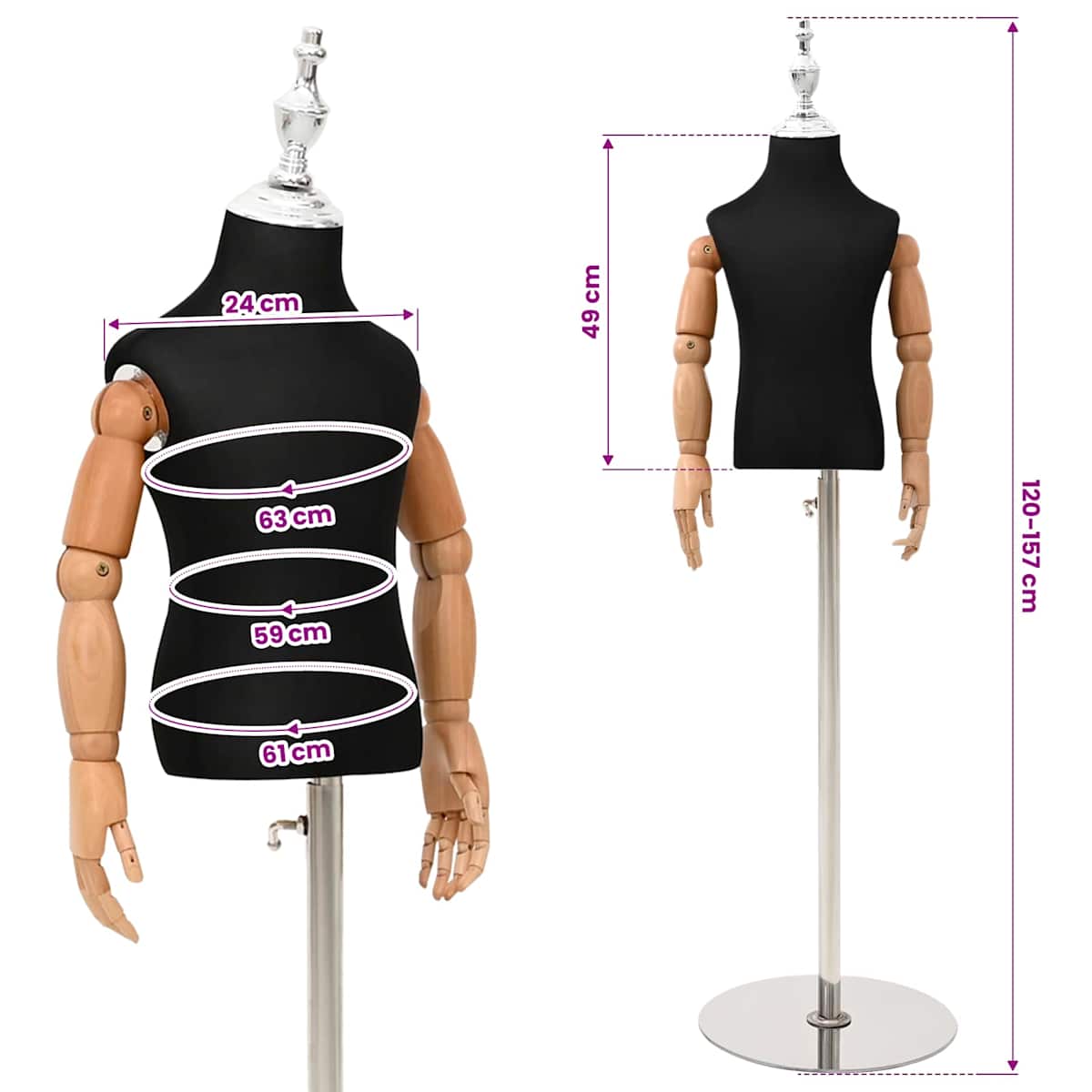 Justerbar 120-157 cm Mannequin med Base Unisex PP - Billede 10