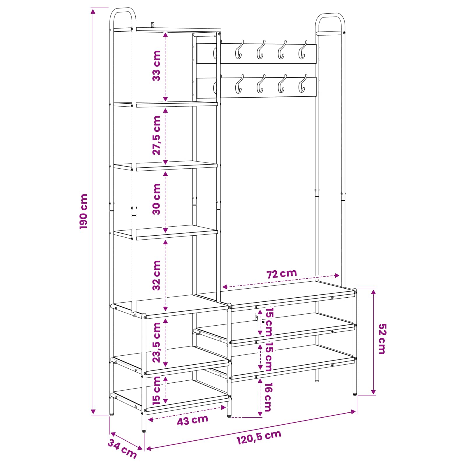 Kapstok met schoenenbank Zwart eiken 120,5 x 34 x 190 cm image 10