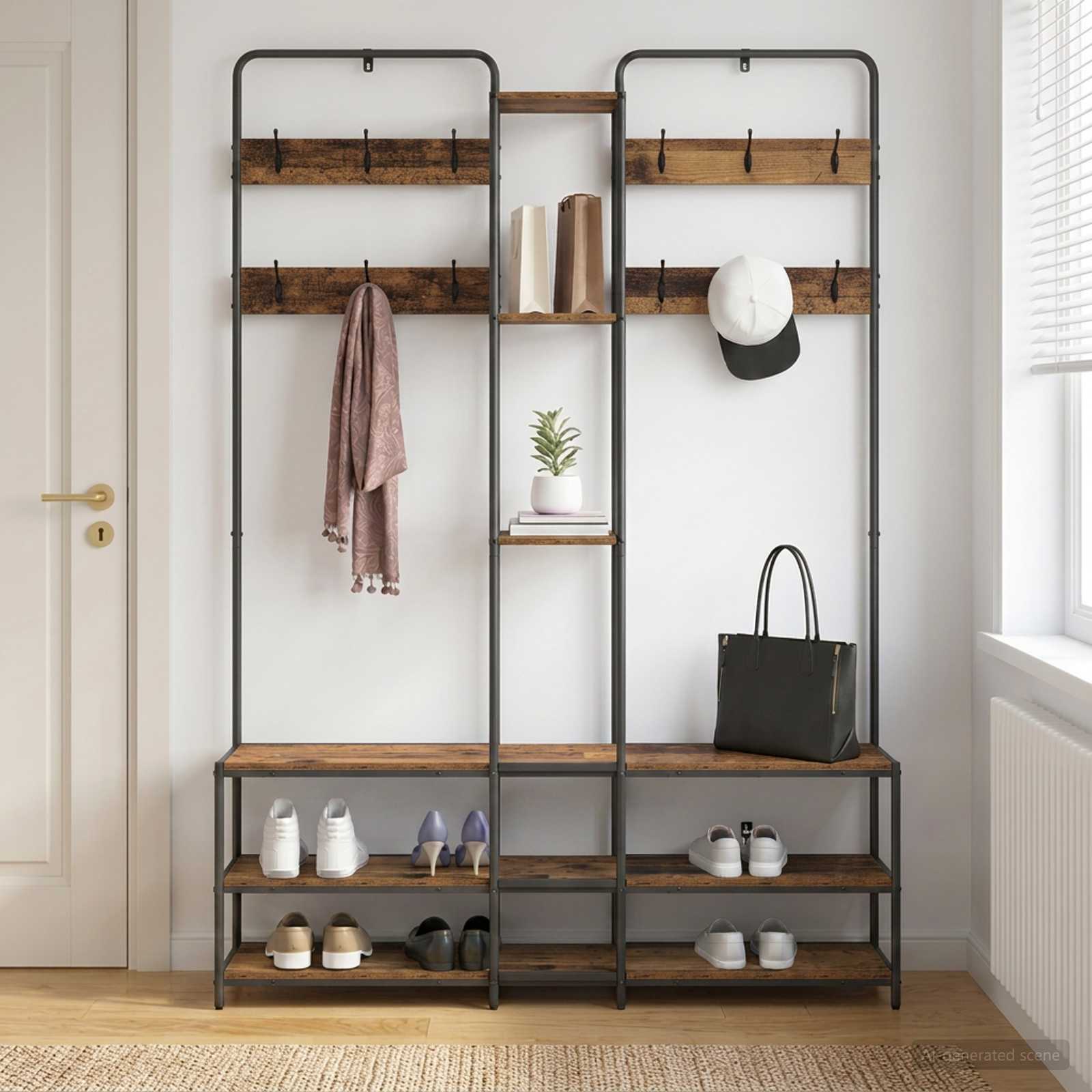 Kapstok met schoenenbank Oud hout 143 x 30 x 199,5 cm image 3