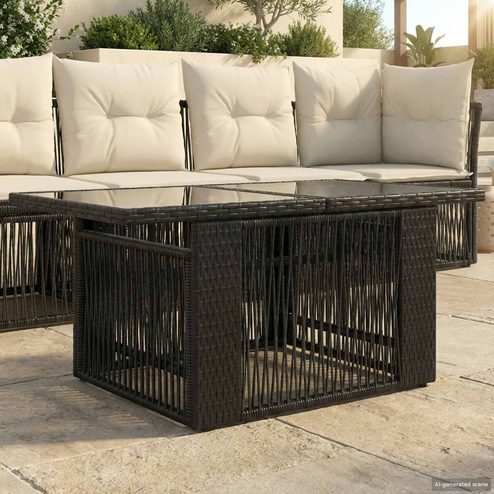 vidaXL Masă de Grădină Negru 100 x 55 x 37 cm Ratan PE și sticlă