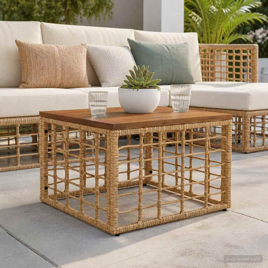 vidaXL Tr&auml;dg&aring;rdsbord Naturlig 55 x 55 x 37 cm PE Rattan och Glas