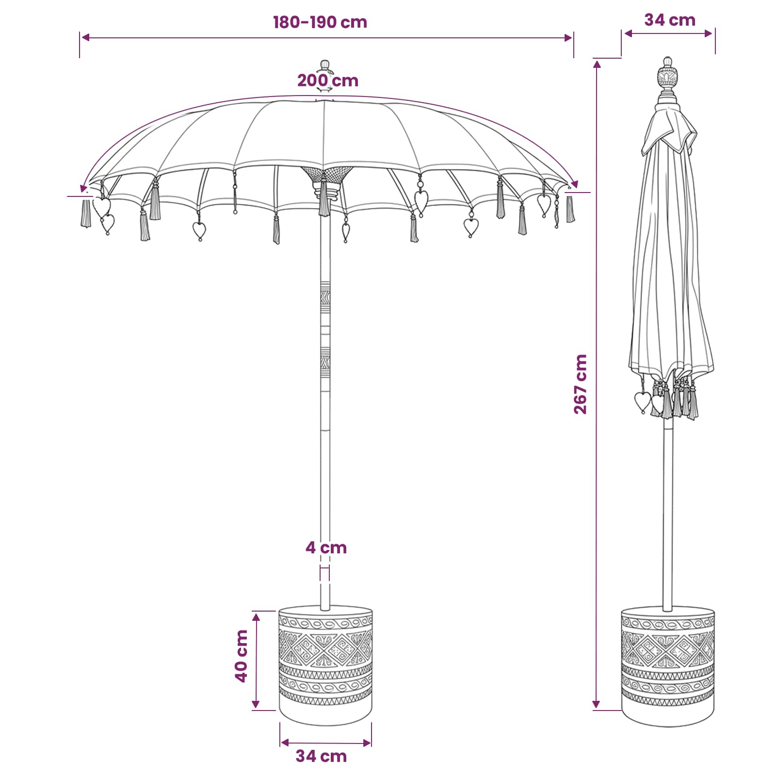 Balinese Parasol with Base Round size guide