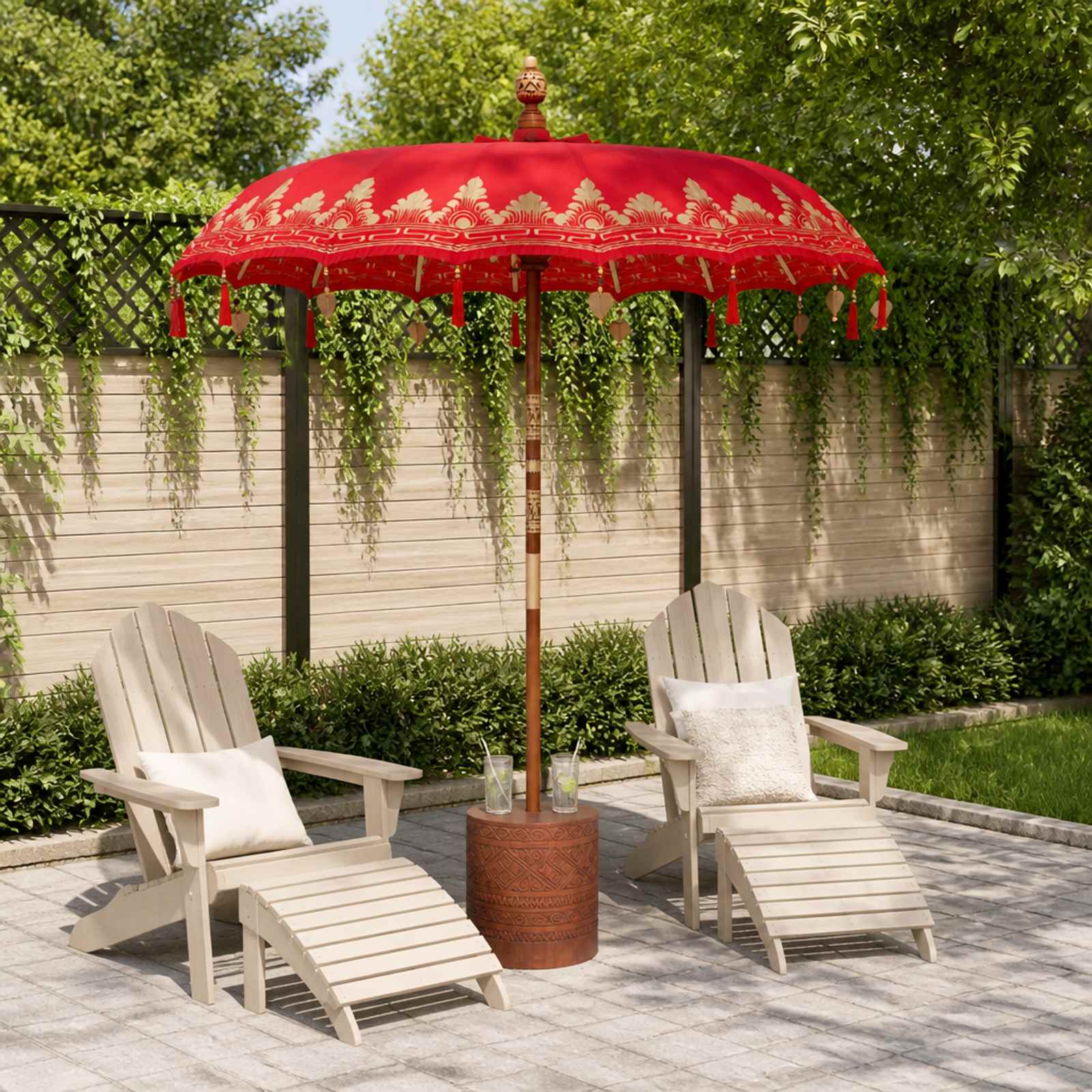 Balinese parasol met basis 260 Rood en Bruin 190 x 190 x 295 cm