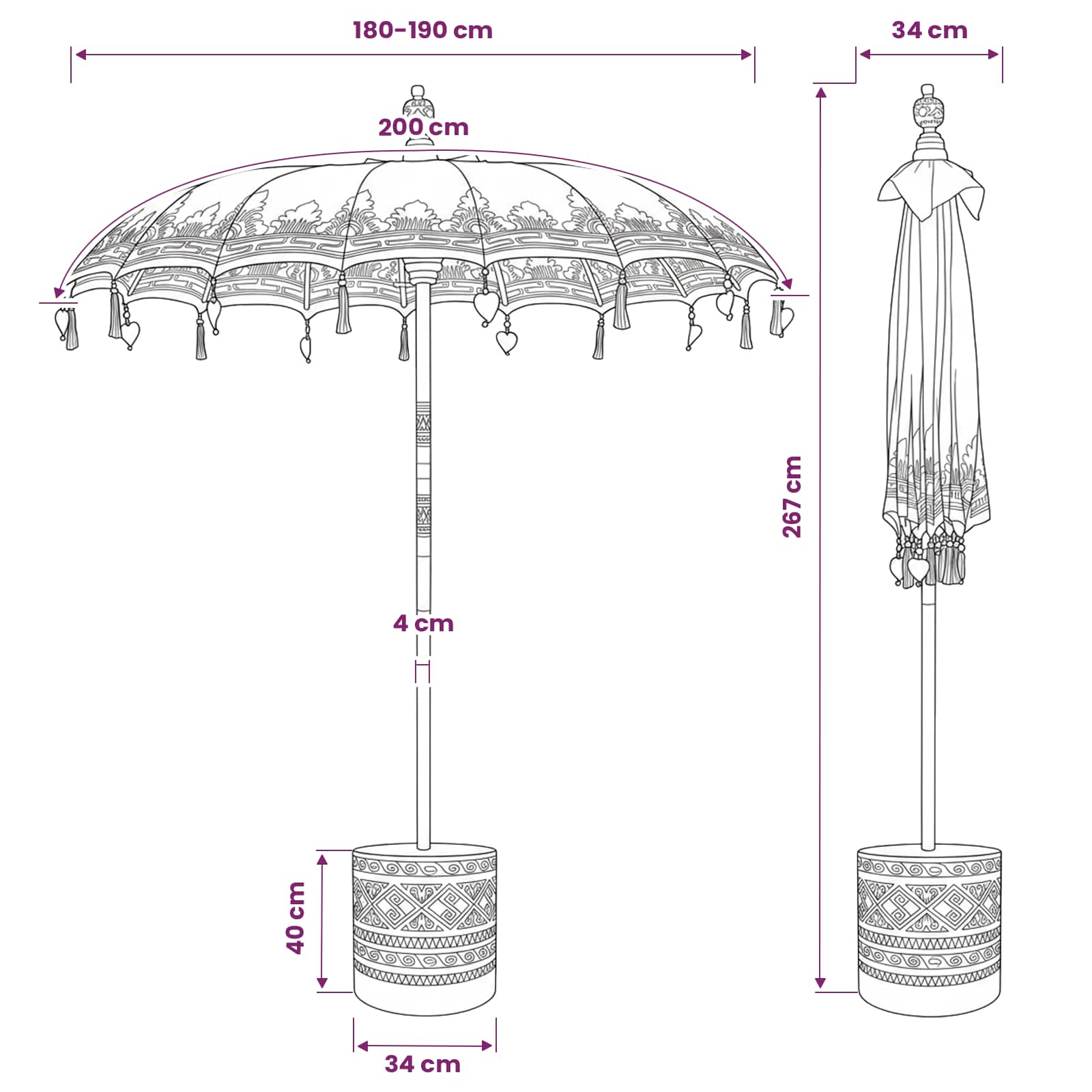 Balinese Parasol with Base 260 size guide