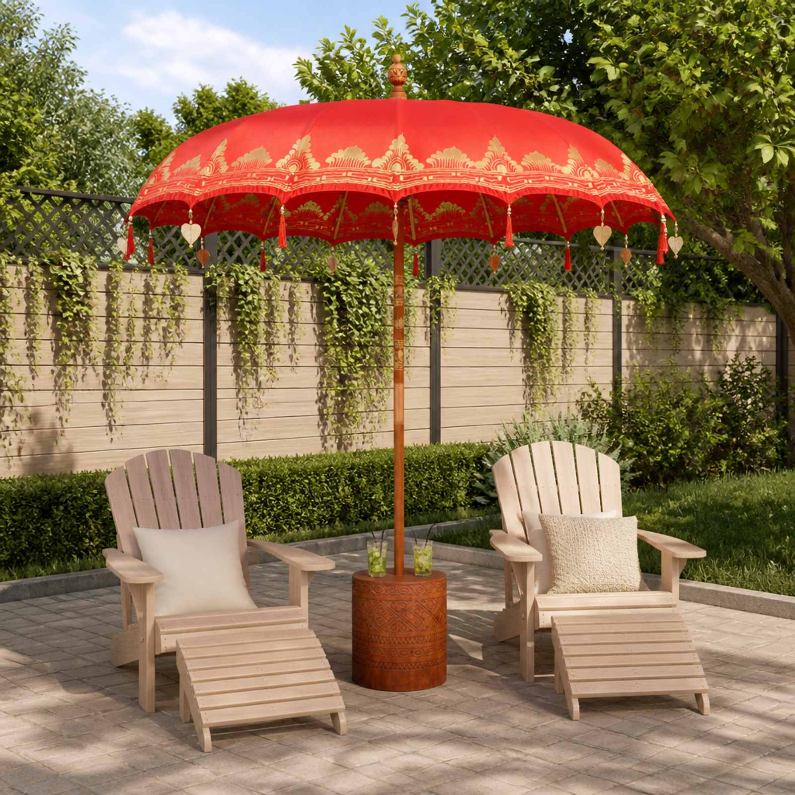 Balinese parasol met basis 260 Rood en Bruin 220 x 220 x 295 cm