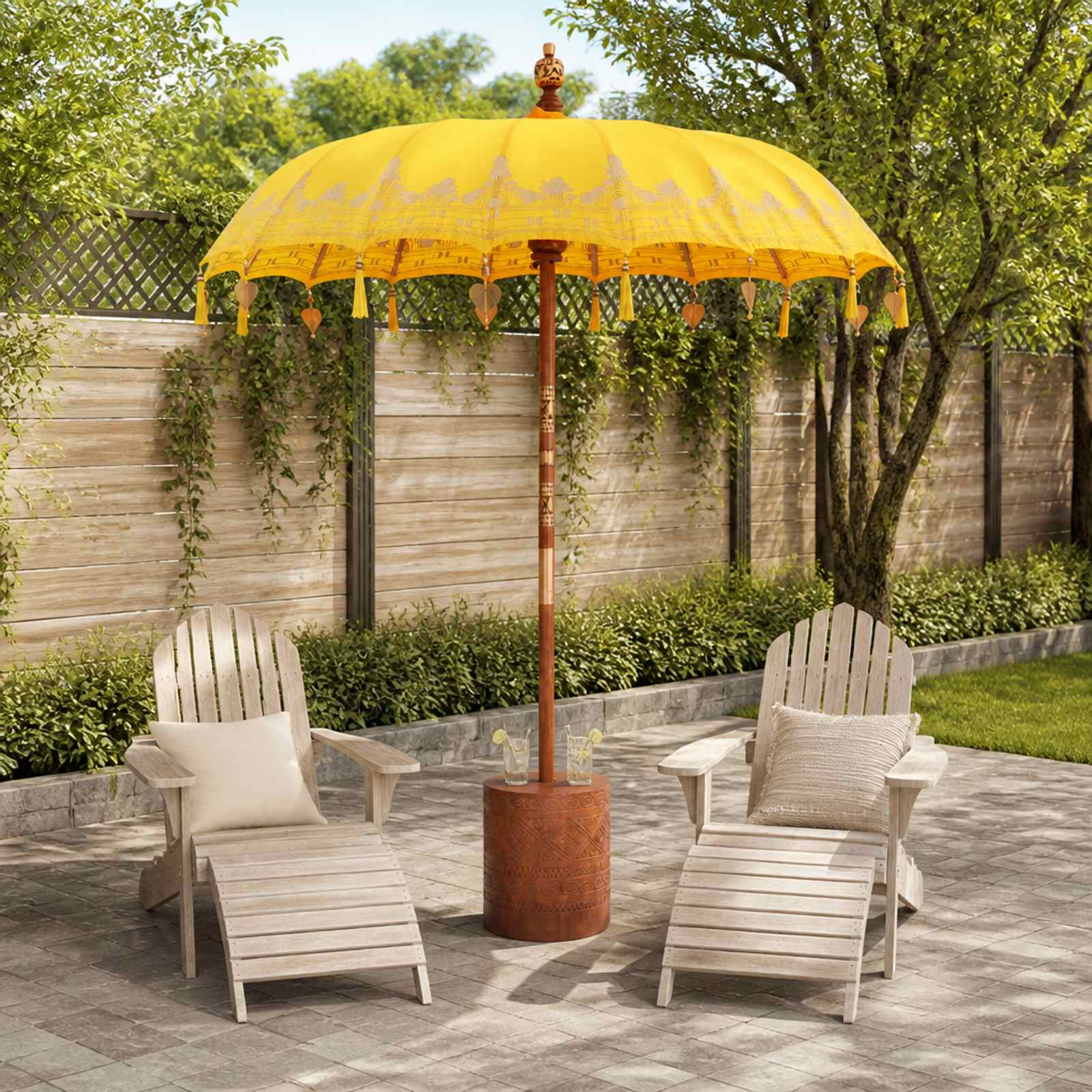 Balinese parasol met basis 260 Geel en bruin 190 x 190 x 295 cm