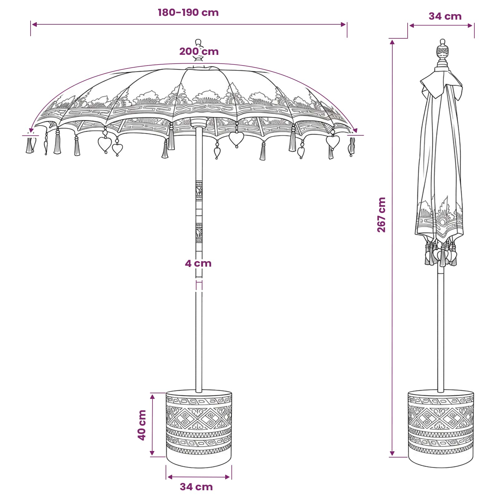 Balinese parasol met basis 2 st Roze image 7