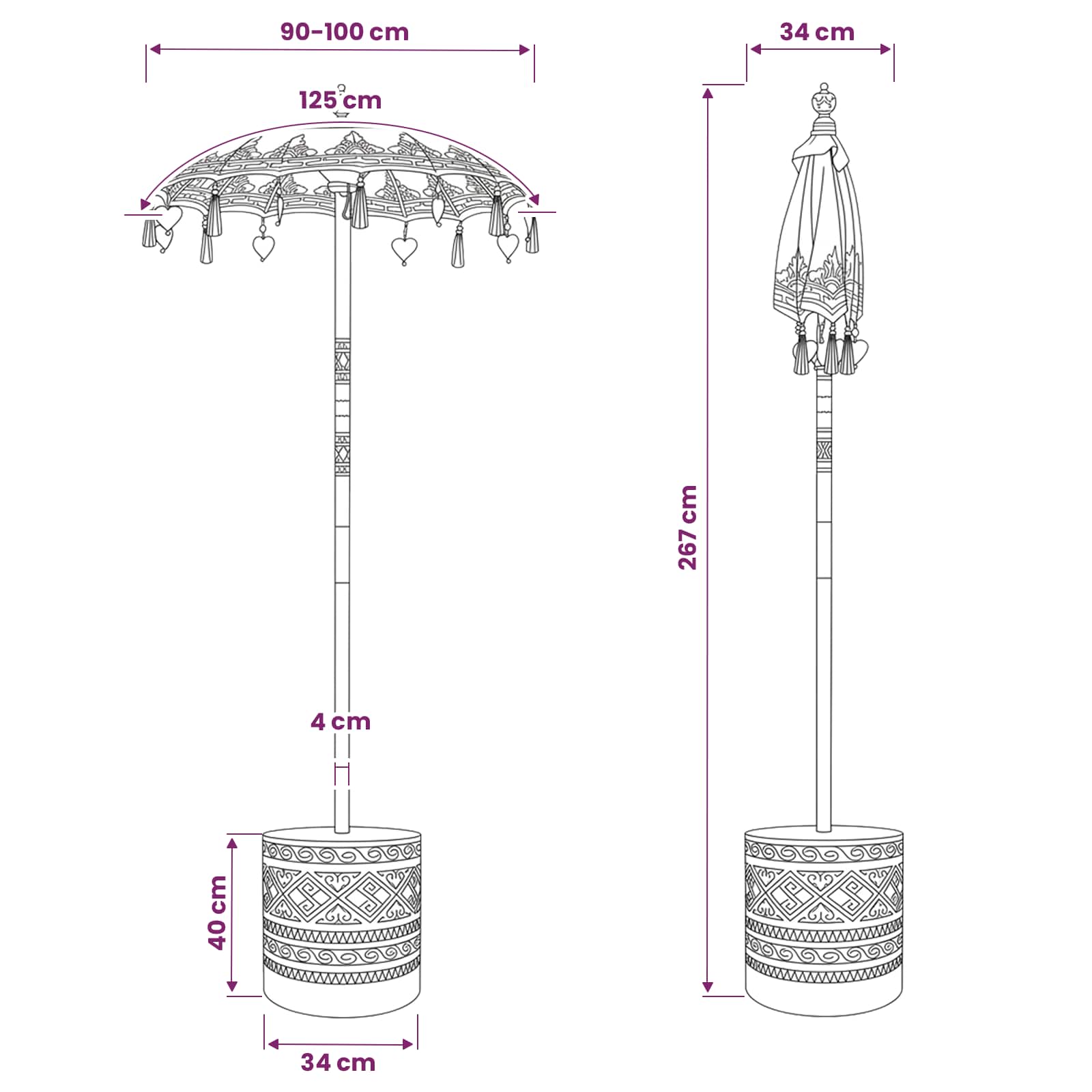Balinese Parasol with Base size guide