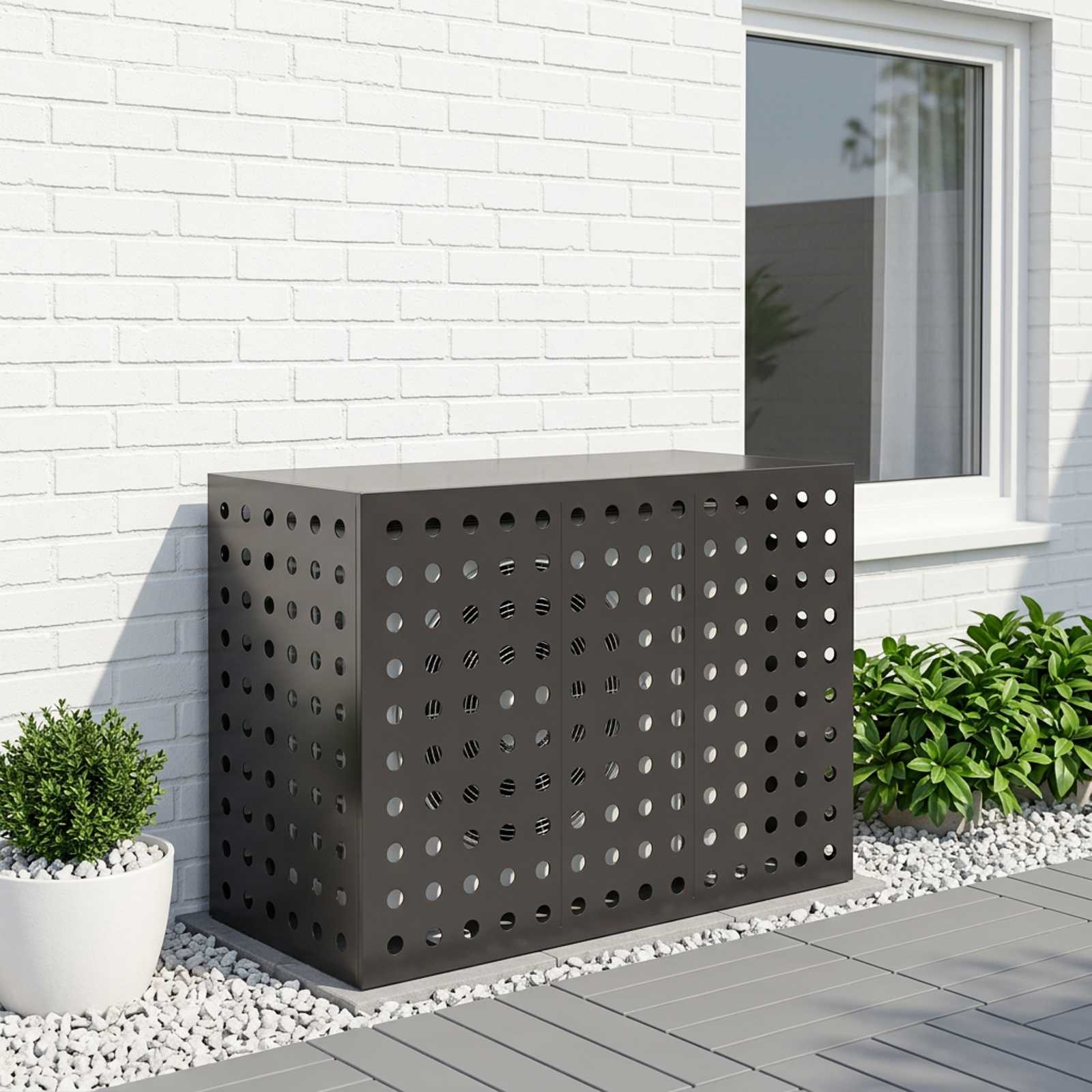 Aircondition cover i sort stål 110 x 50 x 80 cm - rektangulært udendørs dække